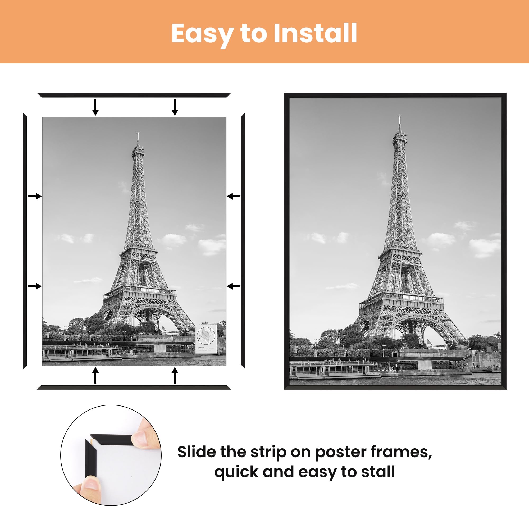 upsimples 12x16 Picture Frame Black 3 Pack, Scratch-Proof Poster Frames 12 x 16 for Photo Gallery - Slide-In Strips, Horizontal or Vertical Wall Mounting