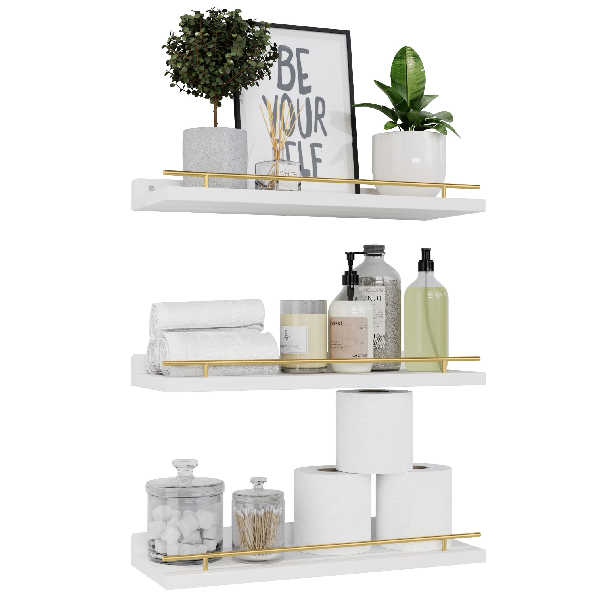 WOPITUES Floating Shelves with Black Metal Guardrail, Shelves for Wall Decor Set of 3, Wall Shelves for Bedroom, Bathroom, Kitchen, Living Room, Plants, Picture Frames, Art- Black