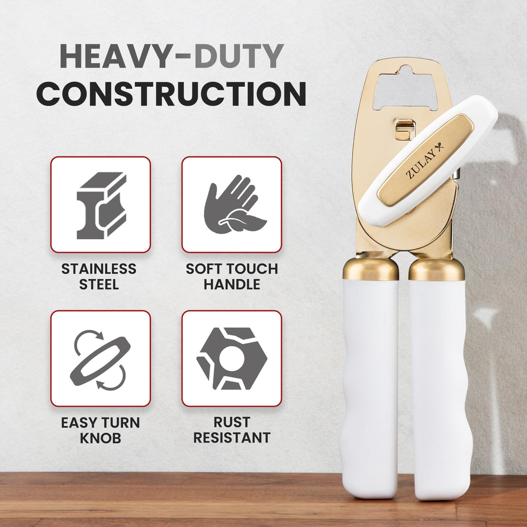 Zulay Kitchen COMFY™ Can Opener Manual with Bottle Opener - Rust Proof Stainless Steel Manual Can Opener With Turn Knob & Comfy Soft Grip Handles - Black