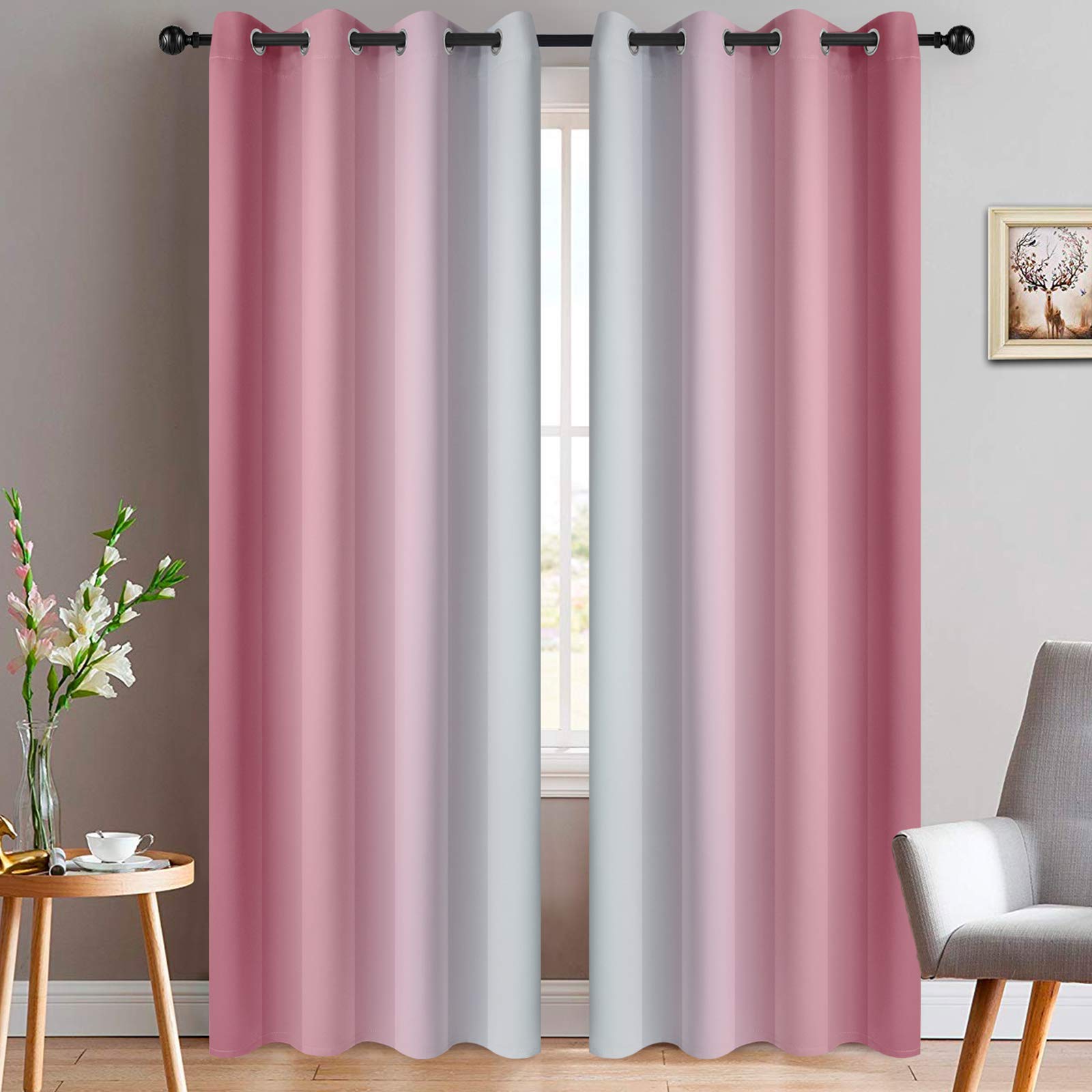 Yakamok Blue and Greyish White Ombre Curtains, Room Darkening Gradient Color Curtains for Bedroom, Light Blocking Thermal Insulated Window Drapes for Living Room(2 Panels, 52x84 Inch)