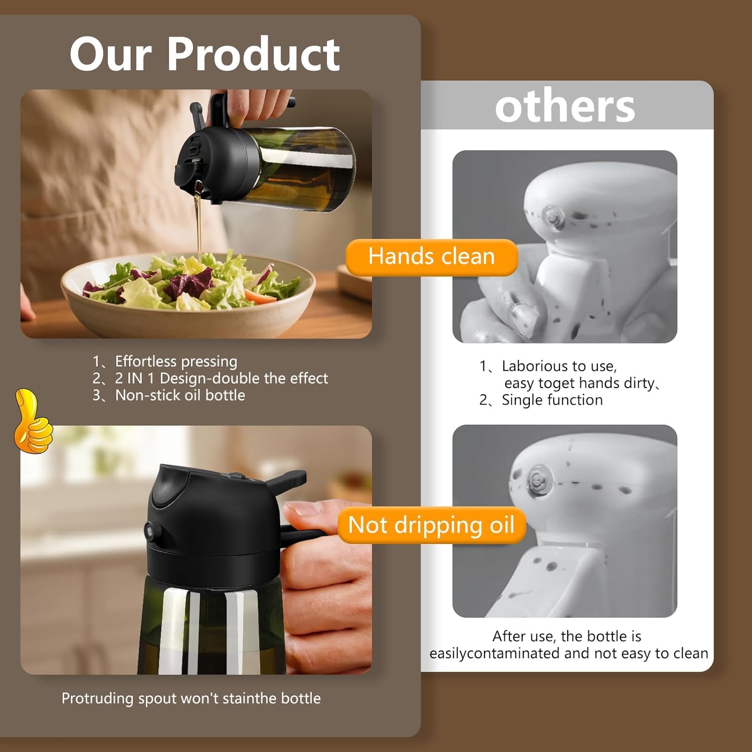 SWEET VIEW Olive Oil Dispenser and Oil Sprayer – 16oz/470ml Glass Light-Proof Oil Pourer for Kitchen, Air Fryer, Cooking, Salad, and BBQ