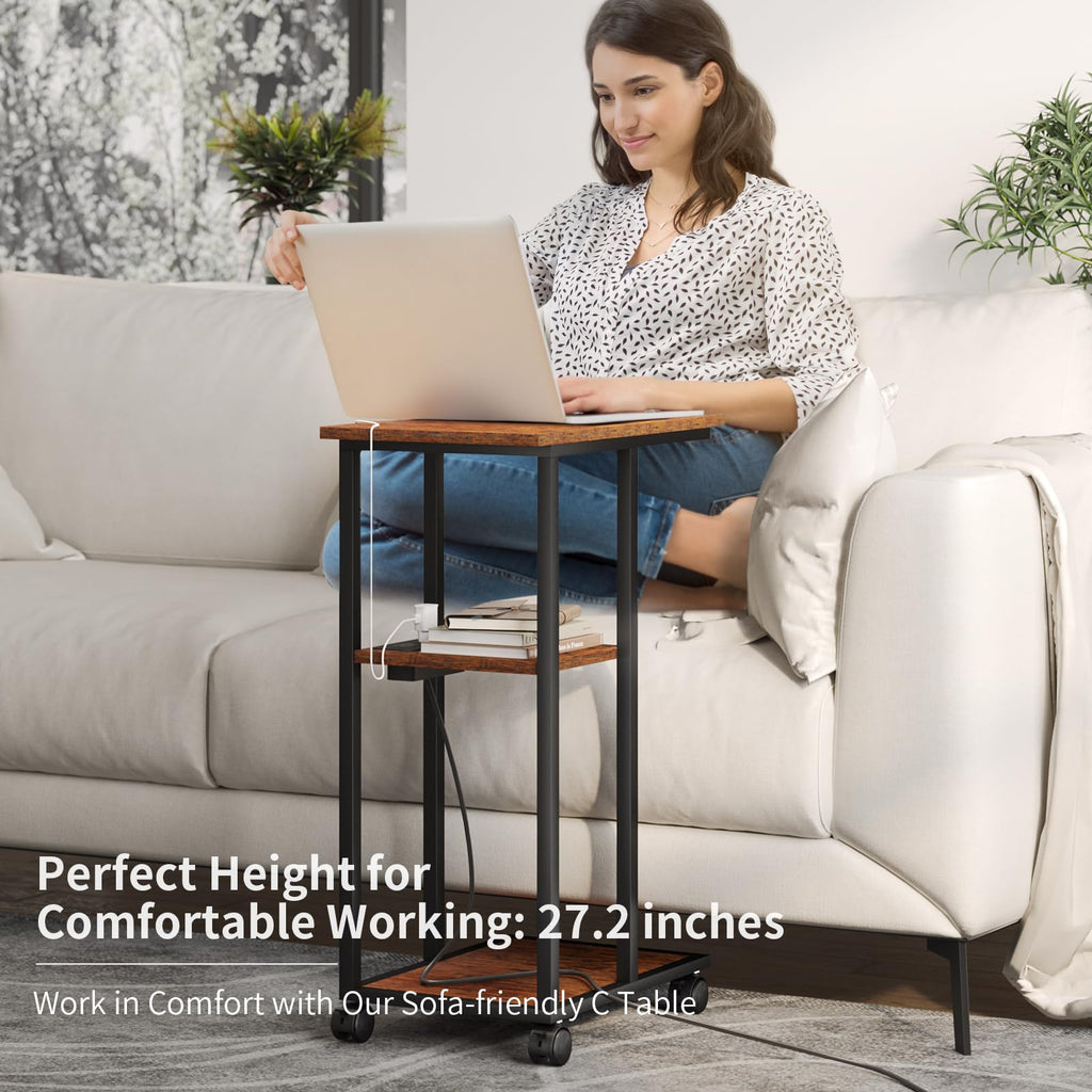 Homsorout C Shaped End Table - C Table on Wheels - Bedside Table with Wheels, Power Outlet and USB - Sofa Table for Living Room, Bedroom, Small Spaces - 27.2'' High, Brown