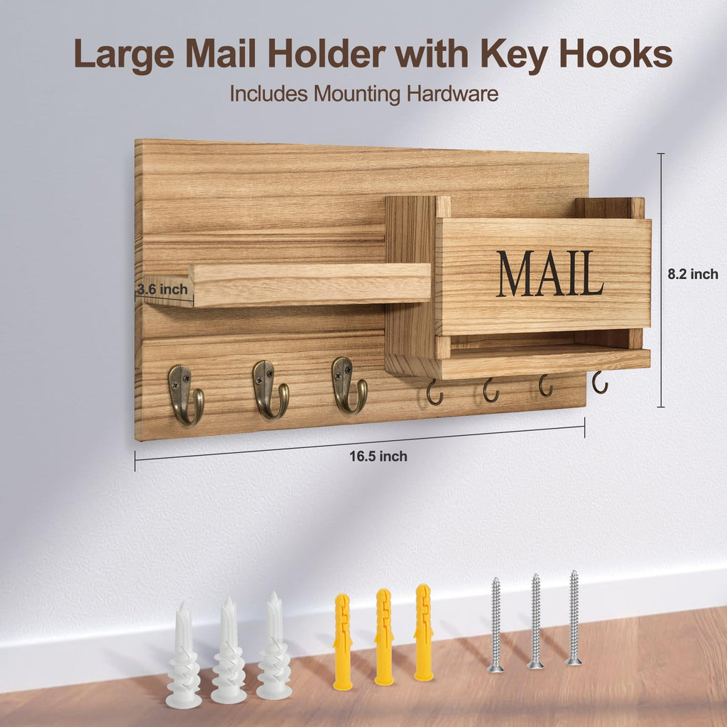 Mail Organizer for Wall Mount – Key Holder with Shelf Includes Letter Holder and Hooks for Hallway Farmhouse Decor – Rustic Wood with Flush Mounting Hardware (16.5” x 9.1” x 3.4”) (White)