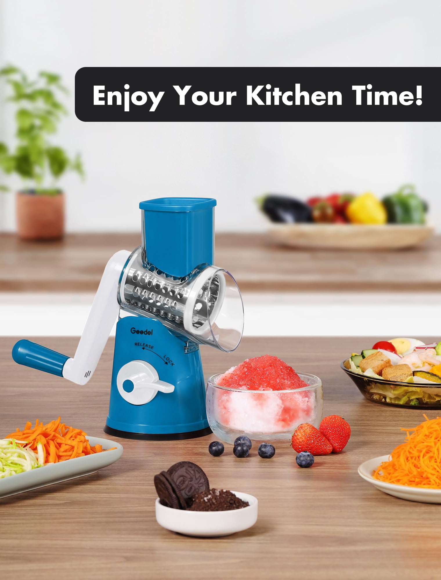Geedel Rotary Cheese Grater, Kitchen Mandoline Vegetable Slicer with 3 Interchangeable Blades, Easy to Clean Rotary Grater Slicer for Fruit, Vegetables, Nuts