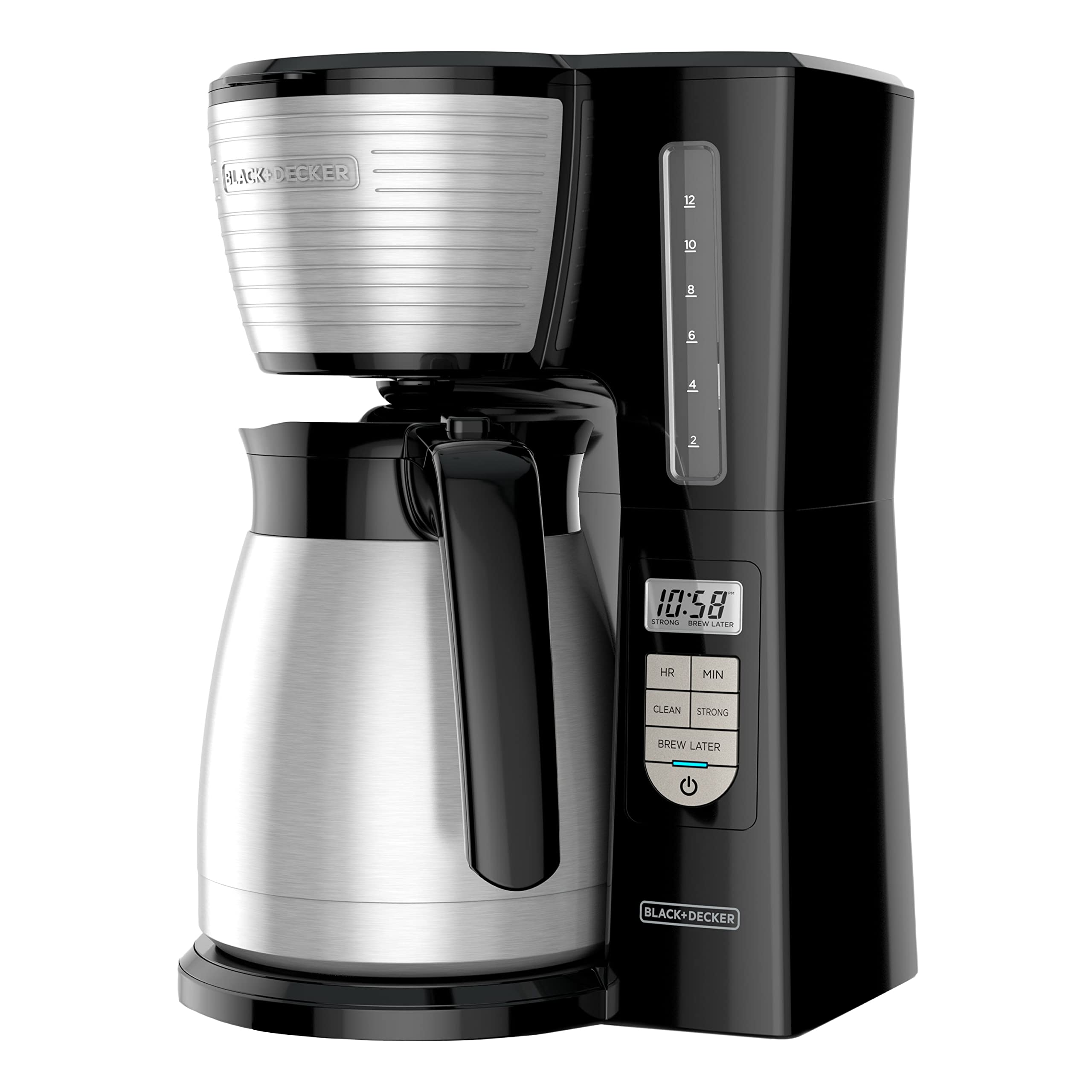 BLACK+DECKER 12 Cup Thermal Programmable Coffee Maker with Brew Strength and VORTEX Technology, Black/Steel, CM2046S