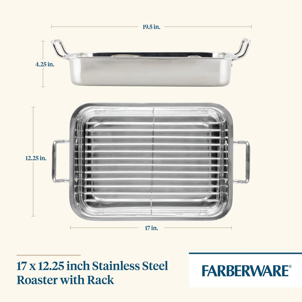 Farberware Bakeware Nonstick Steel Roaster with Flat Rack, 11-Inch x 15-Inch, Gray