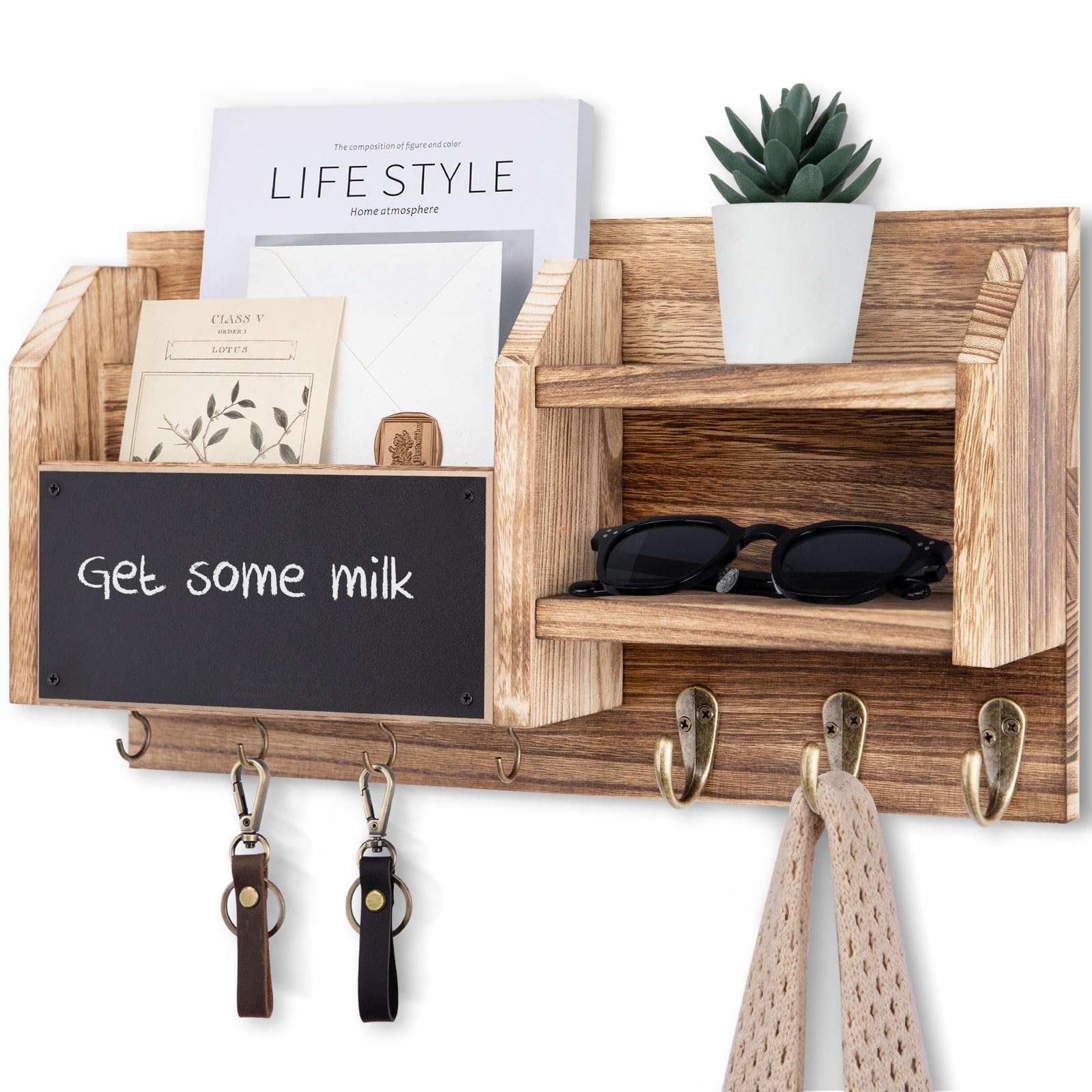 Mail and Key Holder – Wall Mount Key Hanger with Shelf and 7 Metal Hooks – Decorative Natural Paulownia Wood Entryway Organizer with Mounting Hardware (16.5”W x 8.7”H x 3.5”D) (Brown)