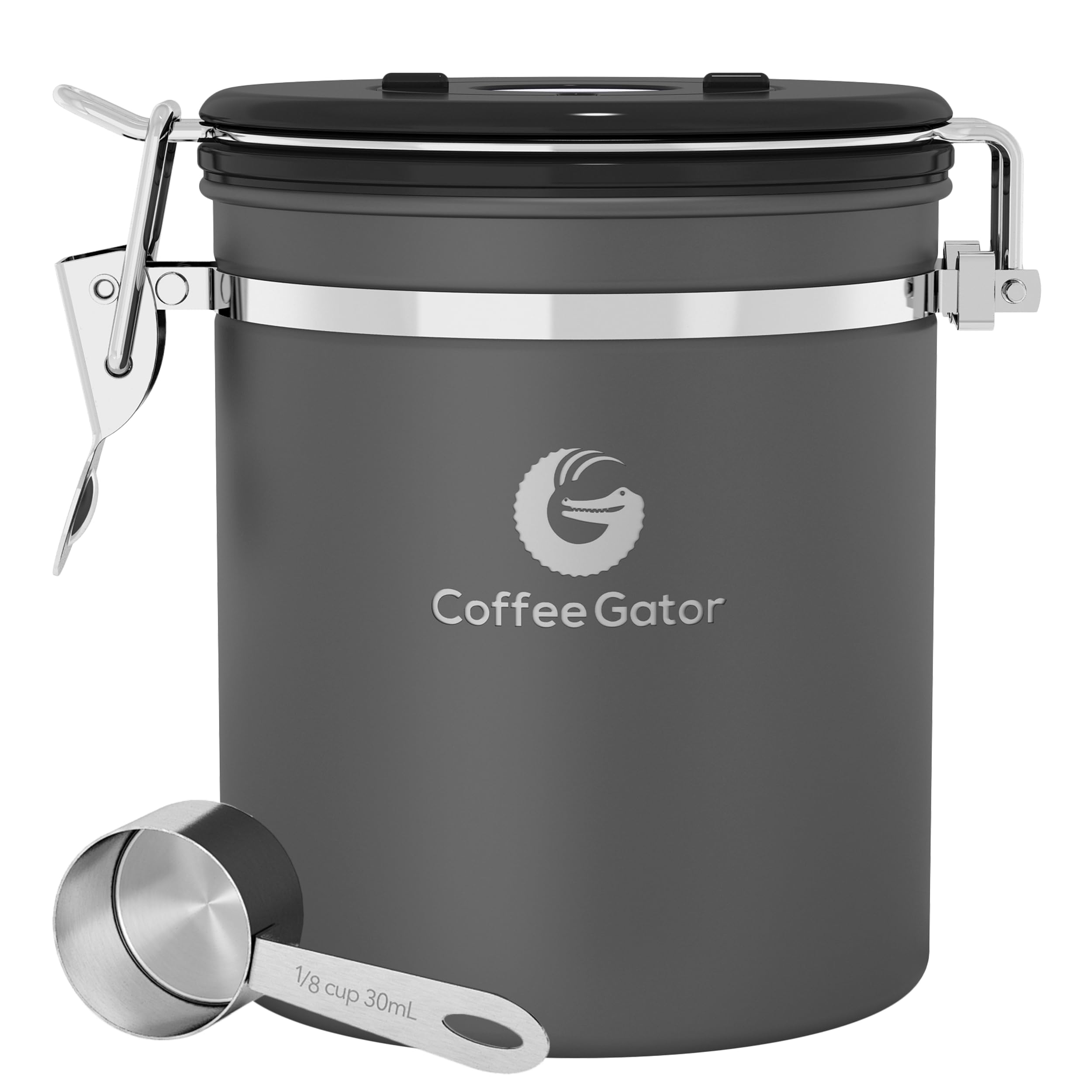 Coffee Gator Stainless Steel Canister - Medium 16oz, Gray Coffee Grounds and Beans Container with Date-Tracker, CO2-Release Valve, and Measuring Scoop - Ideal Coffee Lovers Gifts