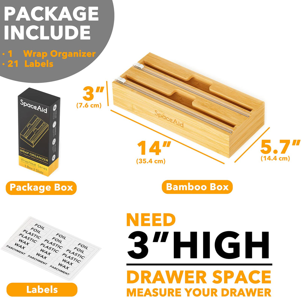 SpaceAid WrapNeat 3 in 1 Wrap Organizer with Cutter and Labels, Plastic Wrap, Aluminum Foil and Wax Bamboo Dispenser for Kitchen Storage Organization Holder for 12" Roll (Natural)