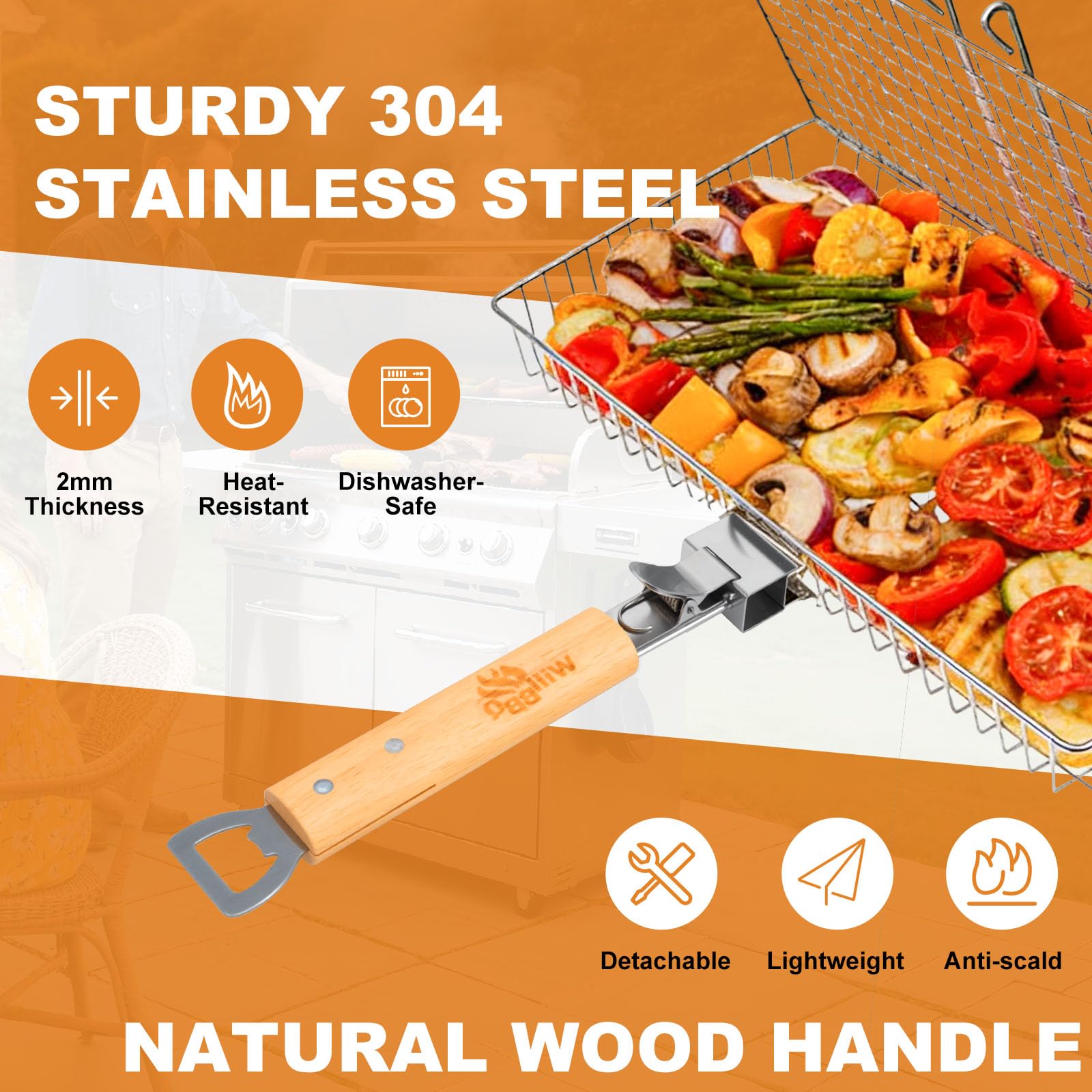 WILLBBQ Grill Basket Set for Camping Outdoor BBQ, Includes 2 Sizes, Removable Divider, Basting Brush, Folding Portable Wooden Handles, Stainless Steel Fish Grilling Veggie Meat Baskets(Stainless Steel Color)