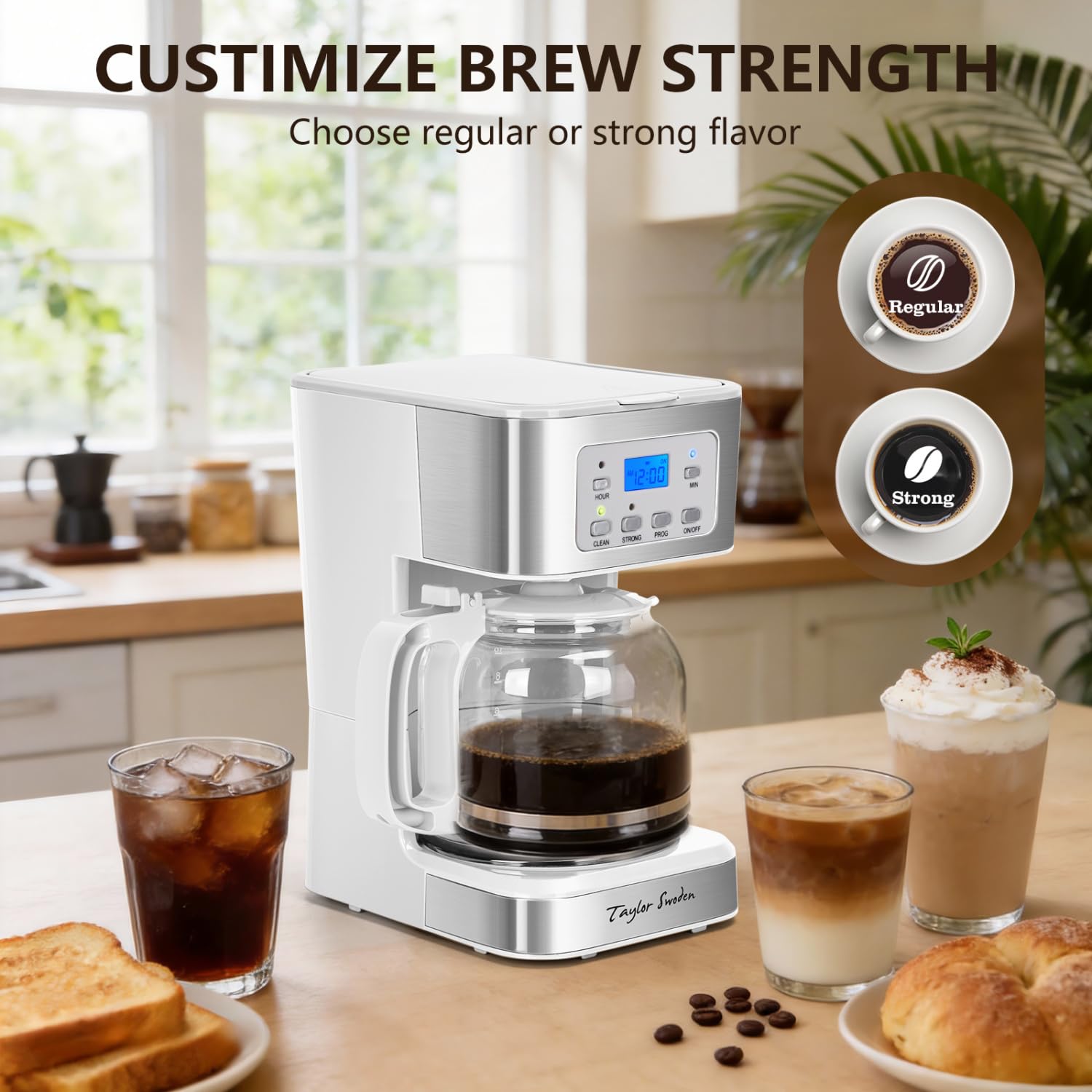 Taylor Swoden 12-Cup Programmable Coffee Maker, Regular & Strong Brew Drip Coffee Machine for Home and Office, Glass Carafe, Pause & Serve, Auto Shut Off, Black & Stainless Steel