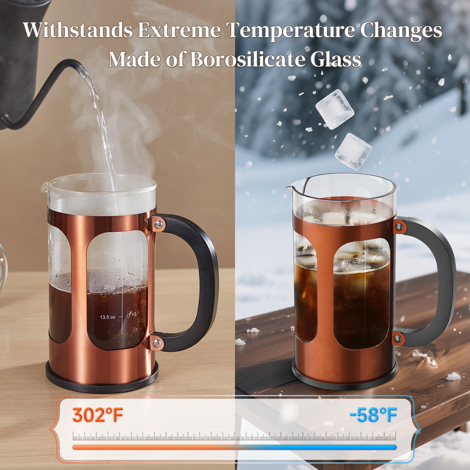 Veken French Press Coffee Maker 21oz 0.6 L, Single Serve Small Pot, Heat Resistant Thickened Borosilicate Glass, Stainless Steel Brewer, Cold Brew Cafetera Teapot for Kitchen Travel Camping, Copper