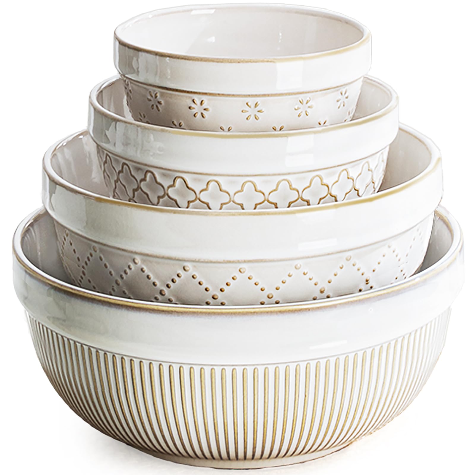 getstar Ceramic Soup Bowls, Cereal Bowl Set of 4 with Assorted Embossment (6.1 inch & 30 oz), Farmhouse Vintage Color Bowls for Kitchen