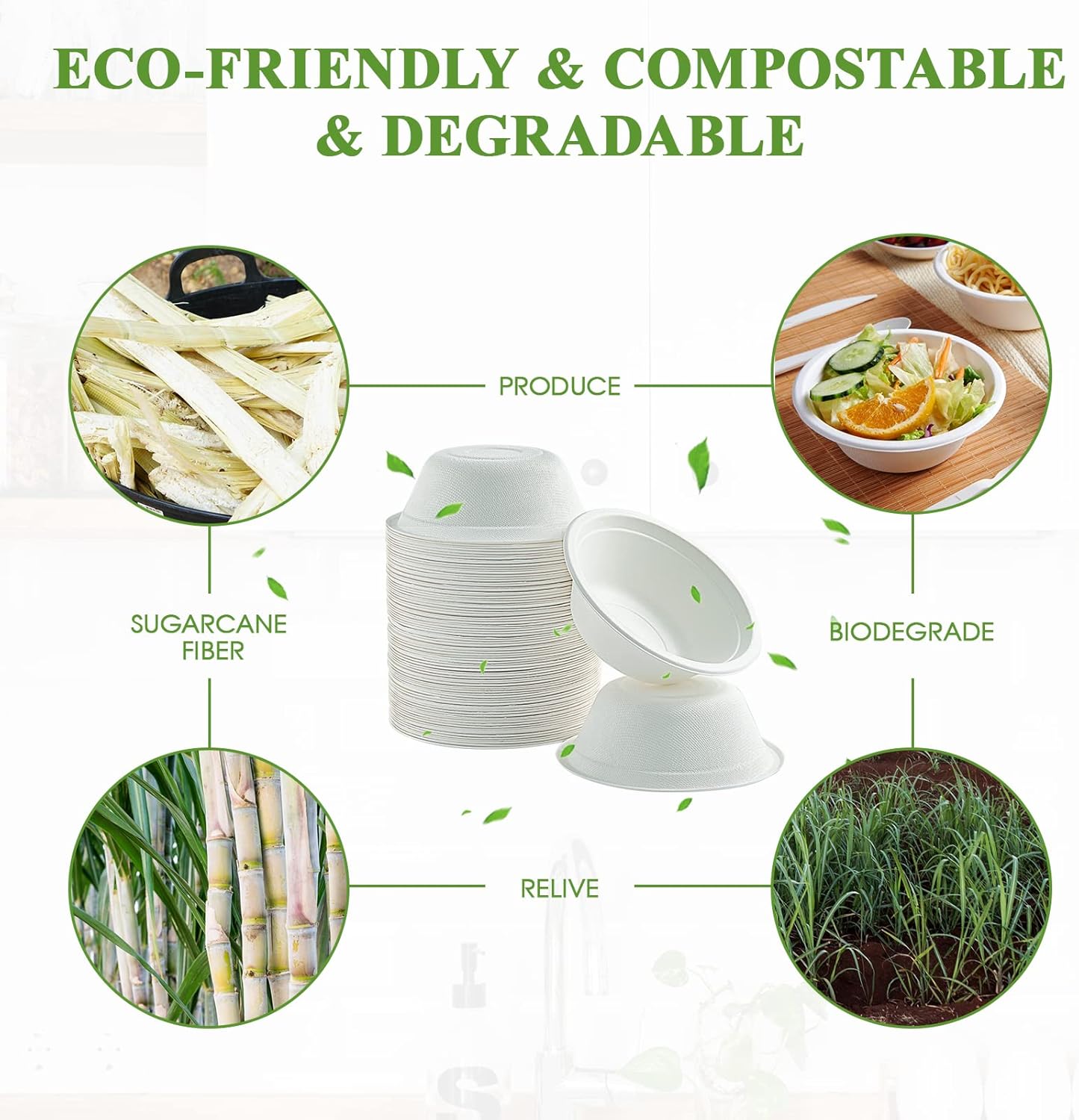 Vplus 500 Pack Compostable Disposable Paper Plates 9 inch and 200 Pack 12 OZ Paper Bowls