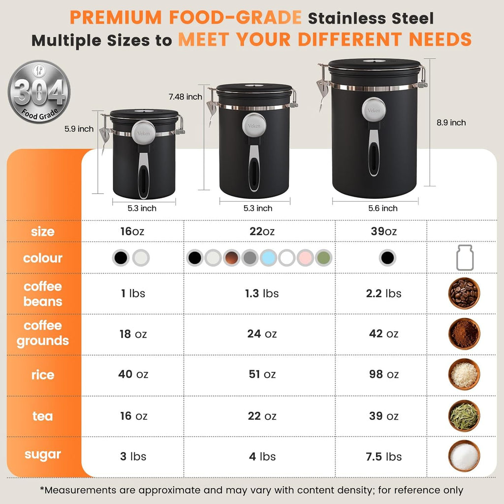 Veken Coffee Canister with Window,Airtight Stainless Steel Kitchen Food Storage Container, Date Tracker & Scoop for Grounds Coffee, Beans, Tea,Flour,Cereal,Sugar,22OZ,Copper