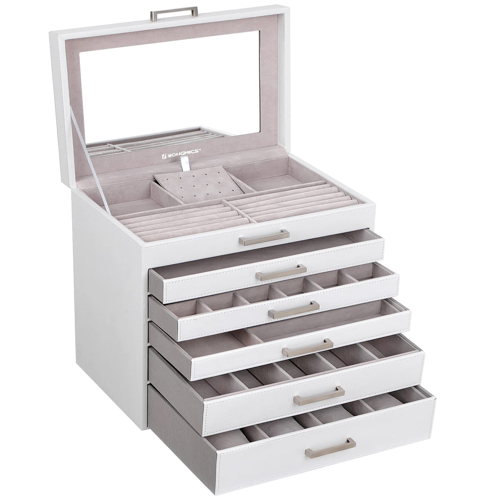 SONGMICS 3-Tier Jewelry Box, Travel Jewelry Case with Handle, 2 Drawers, Lockable Jewelry Organizer with Mirror, Jewelry Storage, Modern Style, Gift for Loved Ones, White UJBC154W01