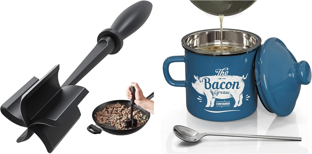 Black Meat Chopper and 15OZ Mini Blue Bacon Grease Container