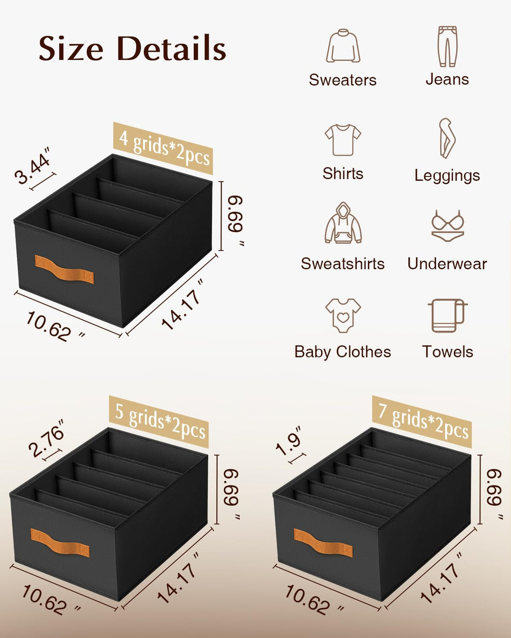 Homsorout Clothes Organizers and Storage - 4/5/7 Grids Fabric Jeans Organizer with Handles, Foldable Closet Organizers Dividers, Wardrobe organizer for Pant, Sweater, T-shirt, Scarf, 6 Pack, Beige