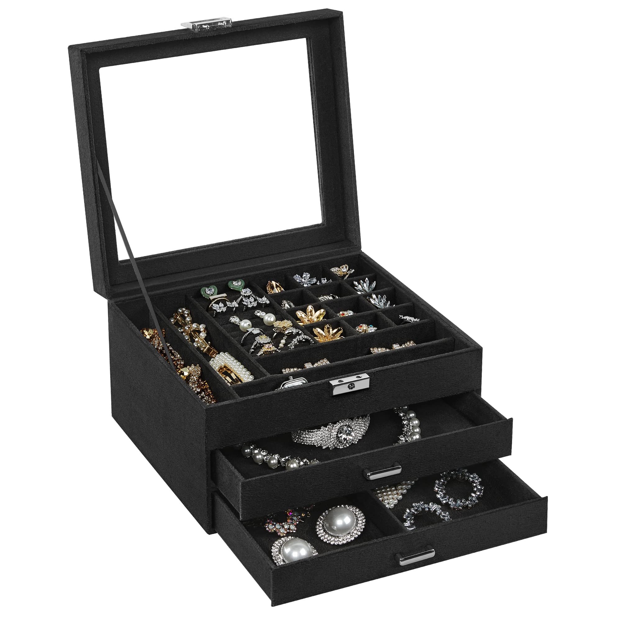 SONGMICS 3-Tier Jewelry Box, Travel Jewelry Case with Handle, 2 Drawers, Lockable Jewelry Organizer with Mirror, Jewelry Storage, Modern Style, Gift for Loved Ones, White UJBC154W01