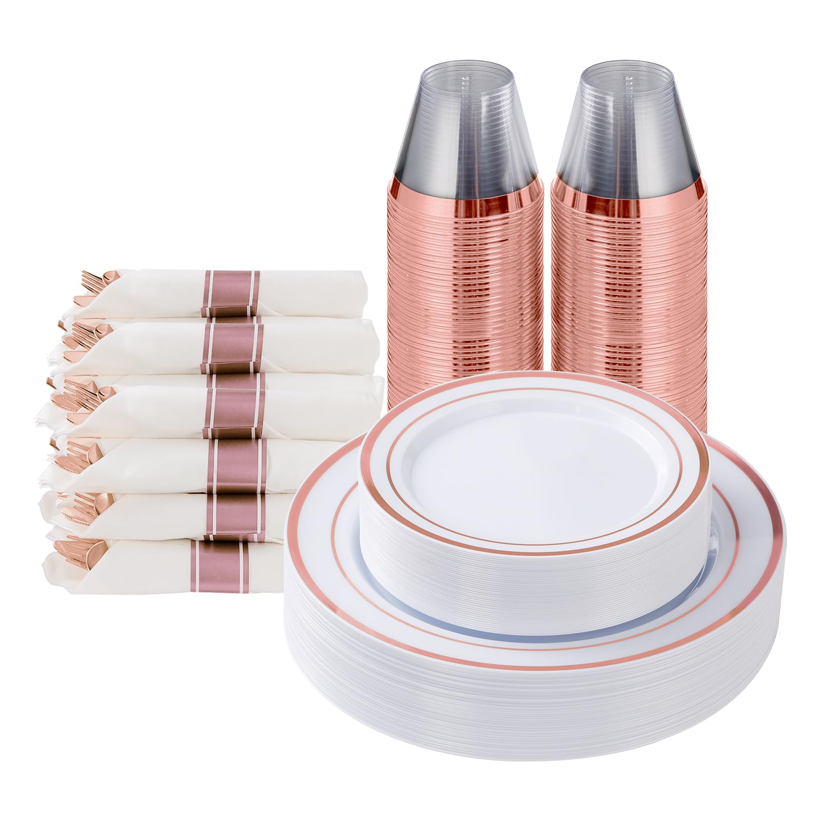 Goodluck 350 Piece Silver Plastic Dinnerware Set for 50 Guests, Fancy Disposable Plates for Party, Include: 50 Dinner Plates, 50 Dessert Plates, 50 Pre Rolled Napkins with Silver Silverware, 50 Cups