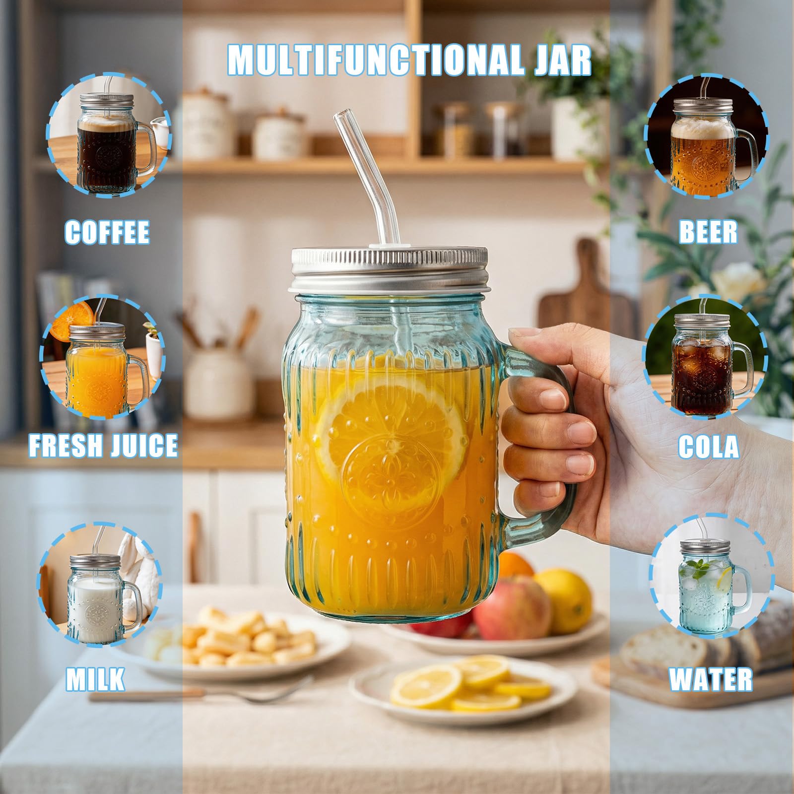 DaYammi Mason Jars with Lids and Straws, 6 Pack 16 Oz Glass Cups for Cold Beverages, Juice, Smoothies, Iced Coffee, Cocktails Leak-Proof Drinking Glasses with Sealed & Straw Lids, Colorful