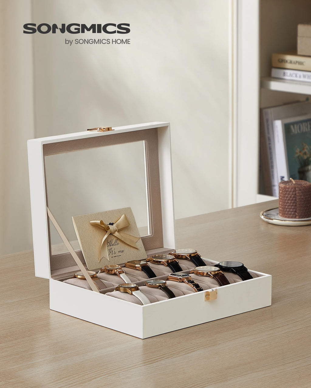 SONGMICS Watch Box, 12-Slot Watch Case Organizer with Large Glass Lid, Removable Pillows, Gift for Loved Ones, Black Synthetic Leather, Gray Lining UJWB12BK