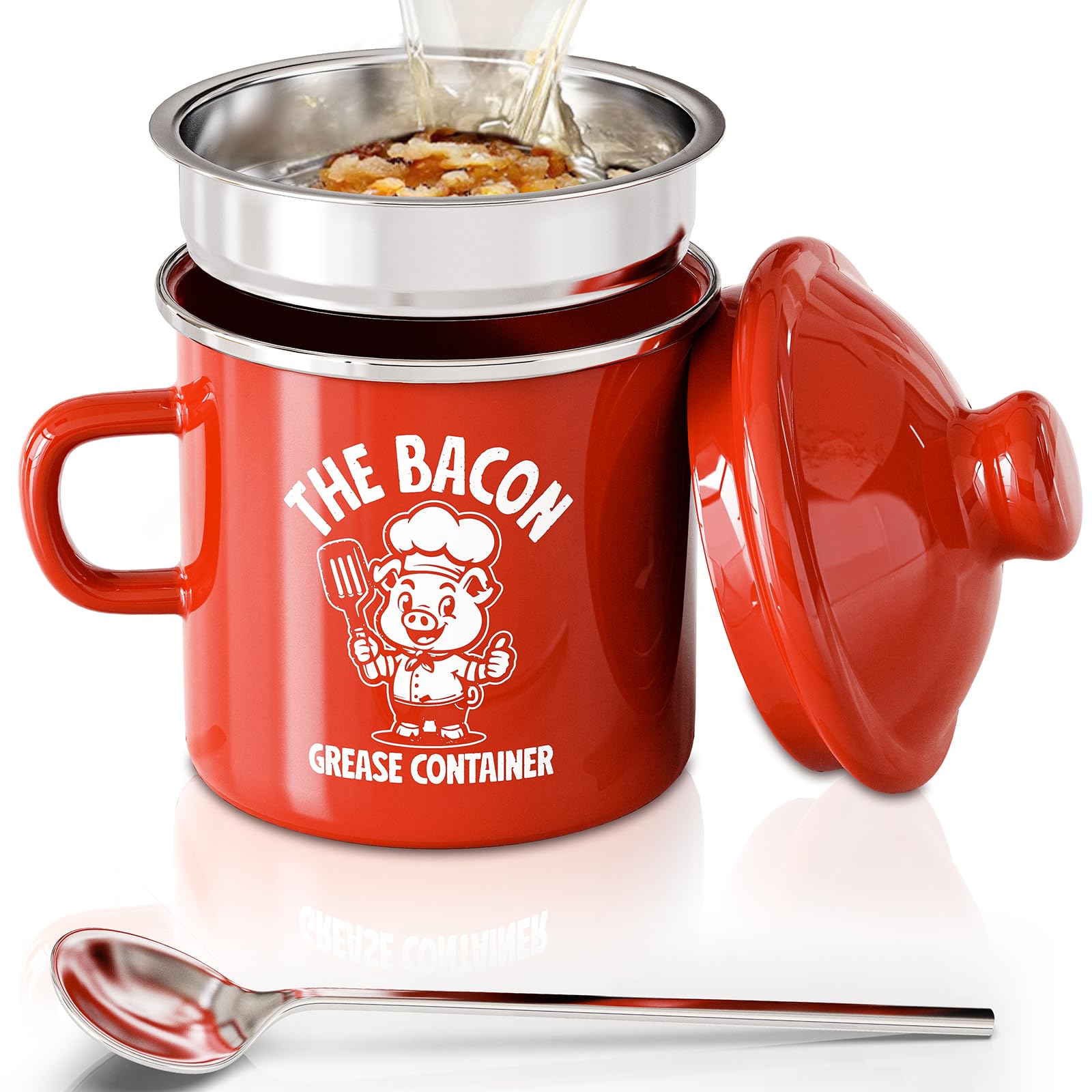 PGYARD Mini Bacon Grease Saver With Strainer - 15OZ Enamel Grease Container, Farmhouse Bacon Grease Keeper For Kitchen Fat Storage, Dishwasher Safe-Red