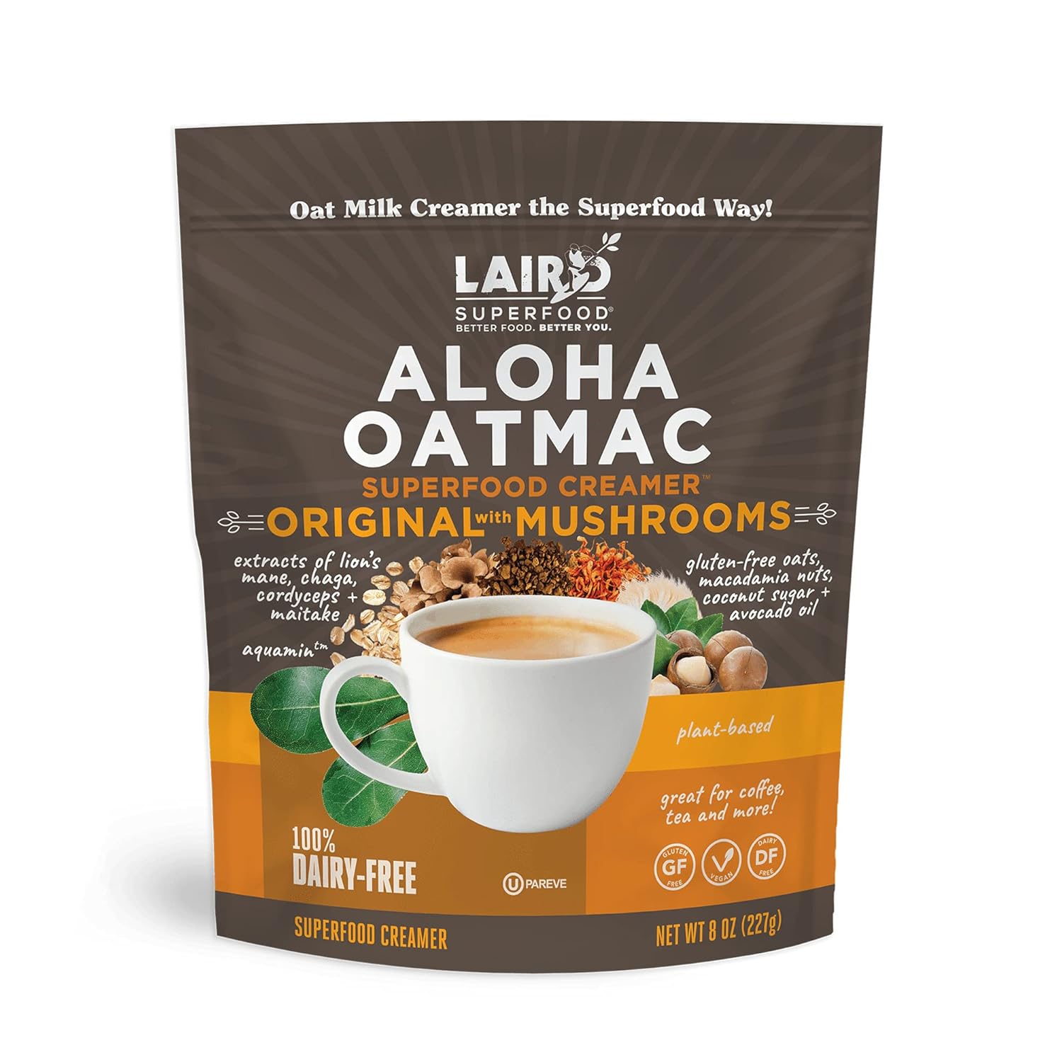 Laird Superfood Non-Dairy Coconut Powder Creamer - Sweet & Creamy + Adaptogens - Superfood Creamer with Functional Mushrooms - Non-GMO, Vegan, 8 oz. Bag, Pack of 1