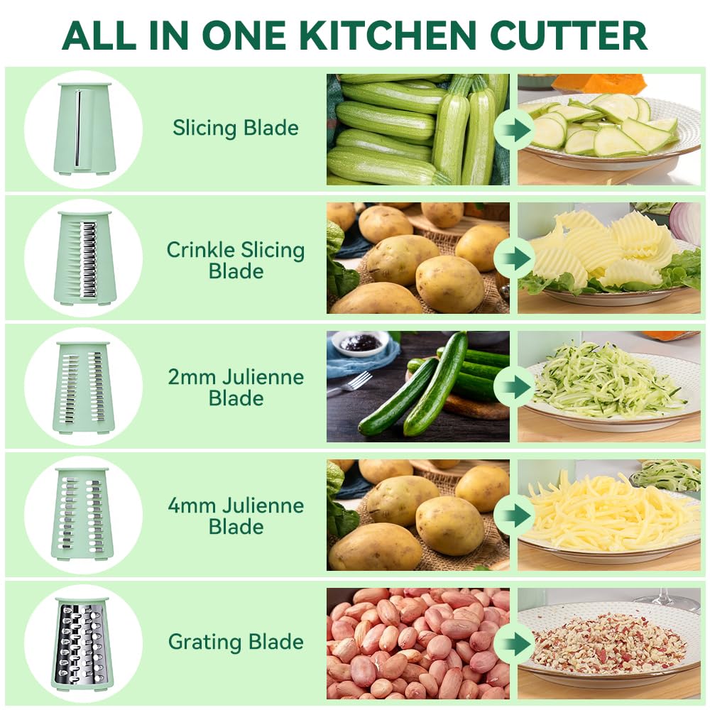 KEOUKE Rotary Cheese Grater 5 in 1 Green - Hand Crank Vegetable Cutter, Shredder, Slicer, Enlarge Input, Suction Base, Labor-Saving Handle, Blade Storage Box, for Onion, Potato, Vegetable, Nuts, etc