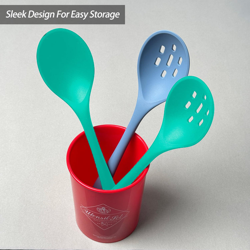 Silicone Spoons for Cooking - Extra Large Kitchen Spoons for Mixing, Serving, & Stirring - 600°F Heat-Resistant Non Stick Utensils Ladle & Skimmer- Dishwasher Safe, Black