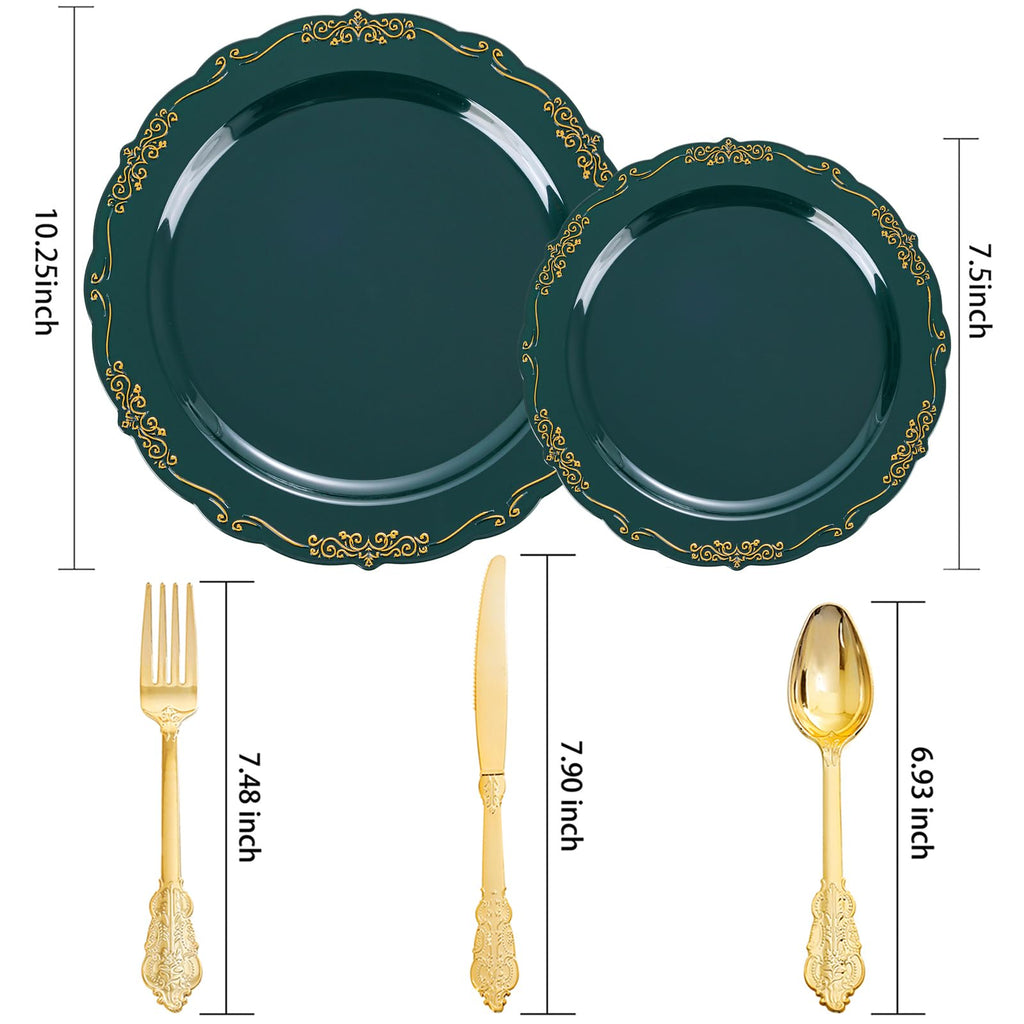 DaYammi 150Pcs Ivory Plastic Plates with Gold Rim,Disposable Plastic Plates Include 30 Dinner Plate,30 Salad Plate,30 Forks,30 Spoons,30 Knives,Ivory and Gold Plates for Party,Wedding,Mother's Day