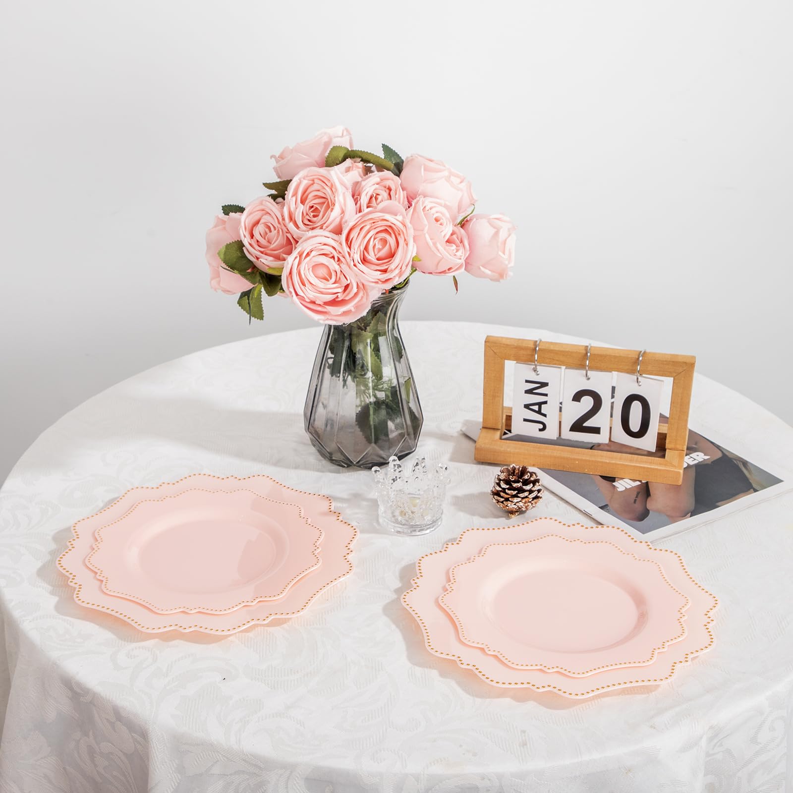 COLOSUS 60PCS White Plastic Plates for 30 guests-Fancy Plastic Beaded Plates,Plastic Plates for Party, Elegant White plates,Include 30 PCS 10.5" Dinner plates & 30PCS 8.25" Dessert plates for easter