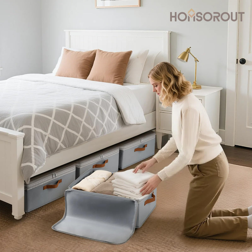 Homsorout Large Closet Storage Bins - Compression Organizer Bins, Stackable Closet Organizer, Expandable Under Bed Storage Containers for Clothes, Towels, Sheet, 2 Pack, Beige