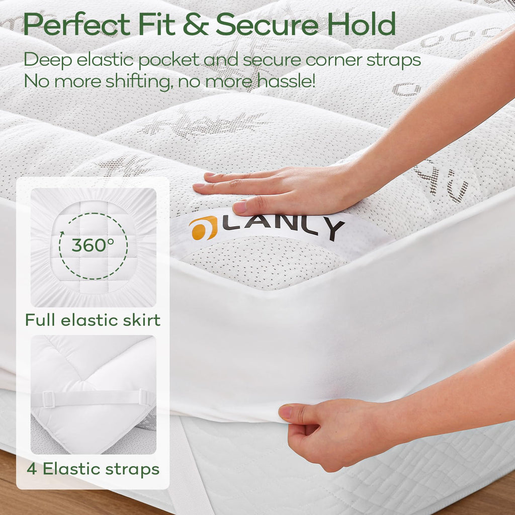 OLANLY Queen Mattress Topper – Viscose Made from Bamboo, Cooling Soft Queen Pillow Top Mattress Pad for Back Pain Relief, Plush Down Alternative Fill Bed Topper with Elastic Deep Pocket, Dark Gray