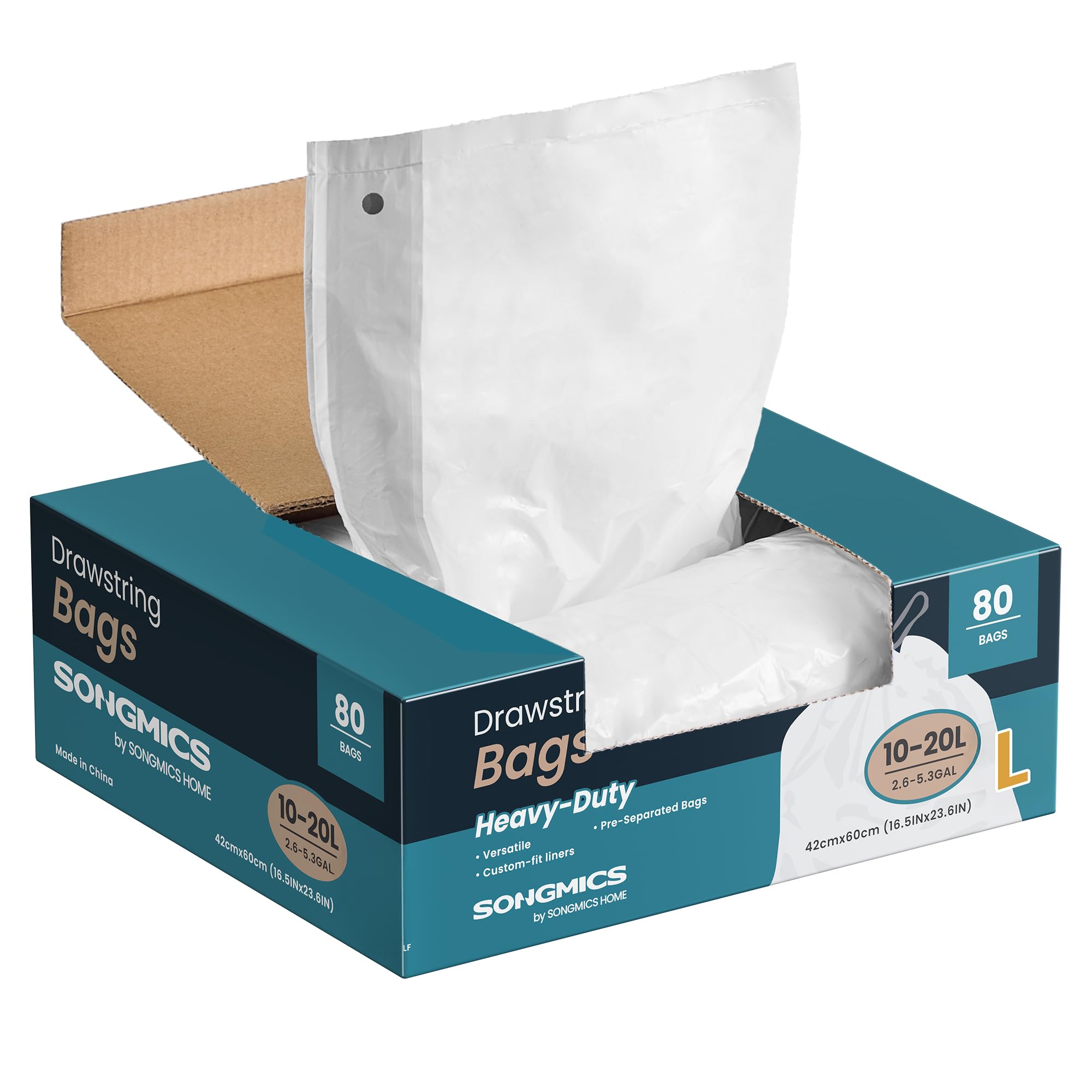 SONGMICS Trash Bags for 8-Gallon (30 L) Trash Cans, Drawstring Kitchen Garbage Bags, Pre-Separated, Liner Code 30A, 2 Rolls, 90 Count, White UKRB30A02