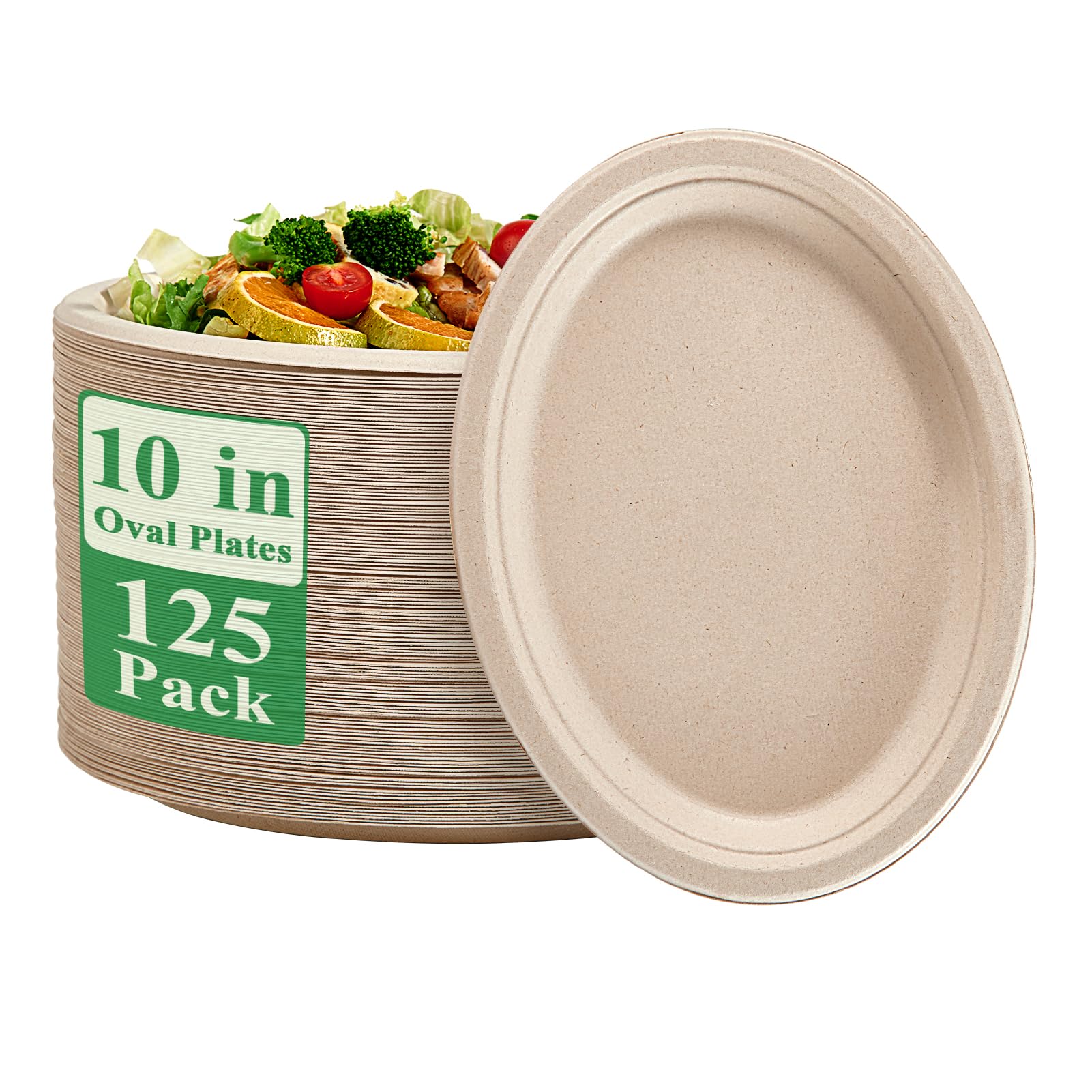 Vplus 100% Compostable Oval Paper Plates 12 inch 120 Pack Super Strong Disposable Dinner Plates Natural Biodegradable Eco-Friendly Sugarcane Plates for BBQ, Party, Gathering, and Picnic