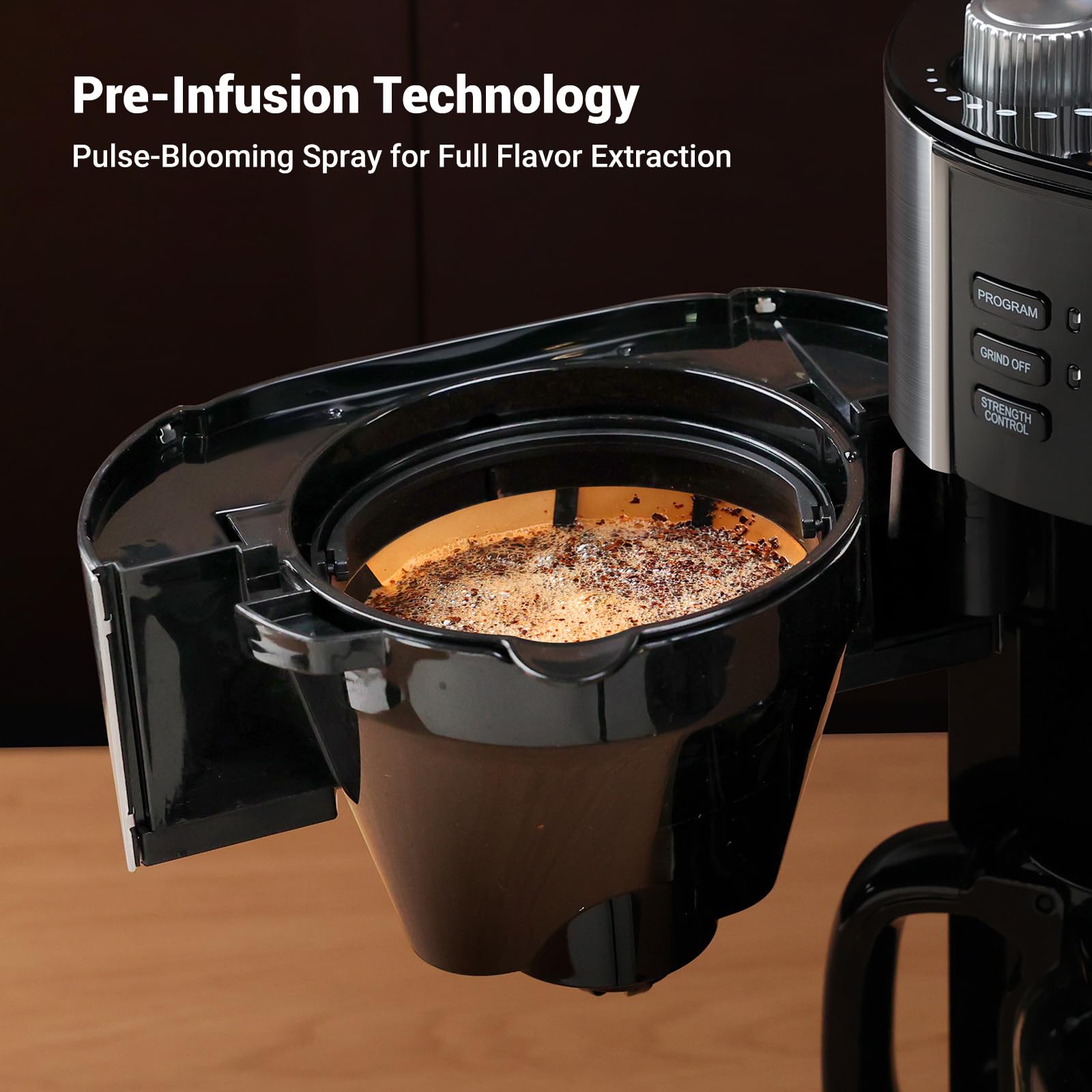 Gevi 10-Cup Drip Coffee Maker with Built-in Burr Grinder & Programmable Timer, 1.5L Water Tank, Auto Keep-Warm, Reusable Filter - Fresh Ground Coffee Machine (Black)