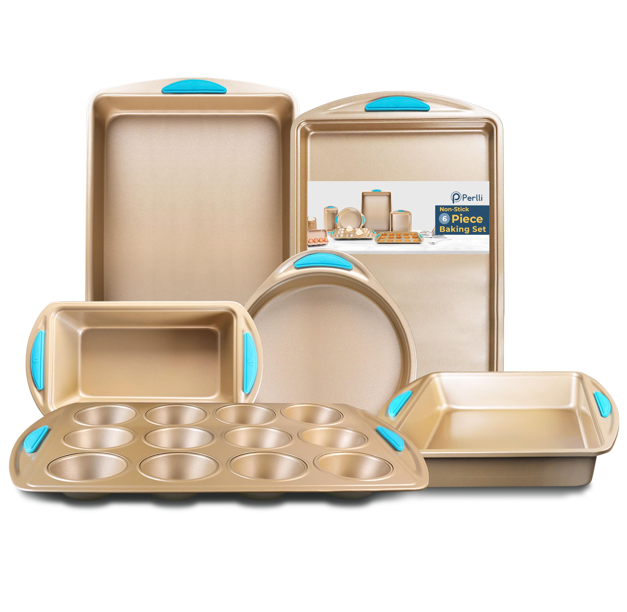 Perlli Baking Kit: Nonstick Gold Steel Oven Set - 10 Pieces, Cookie Sheets, Cake Pans, 9x13Pan with Lid, Loaf & Deep Pans, Pizza Crisper, Muffin Pan - Silicone Handles