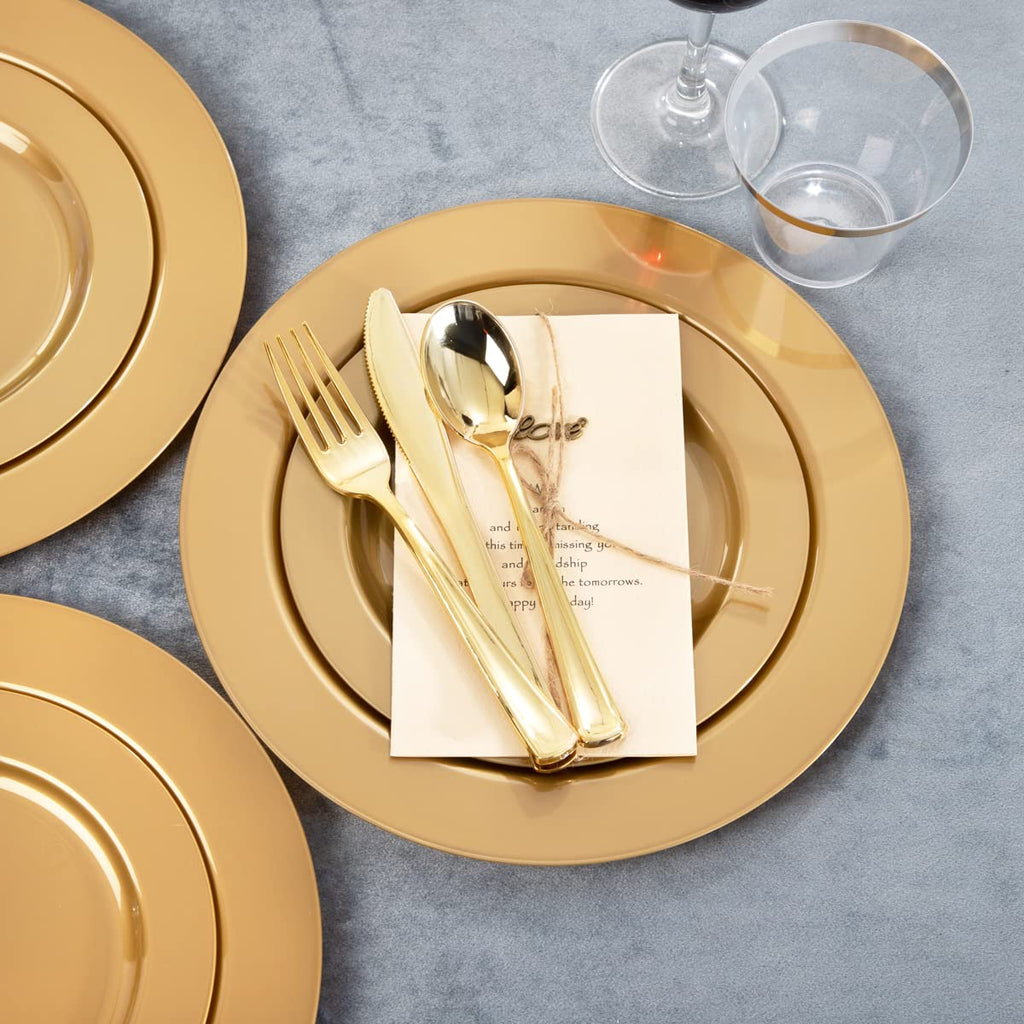 DaYammi 210Pcs White Gold Plastic Plates for Party,Gold Disposable Dinnerware Set Includes 60 gold Floral Plates,30 Plastic Silverware,30 Per Rolled Napkins,30 Cups for Mother's Day Party Wedding