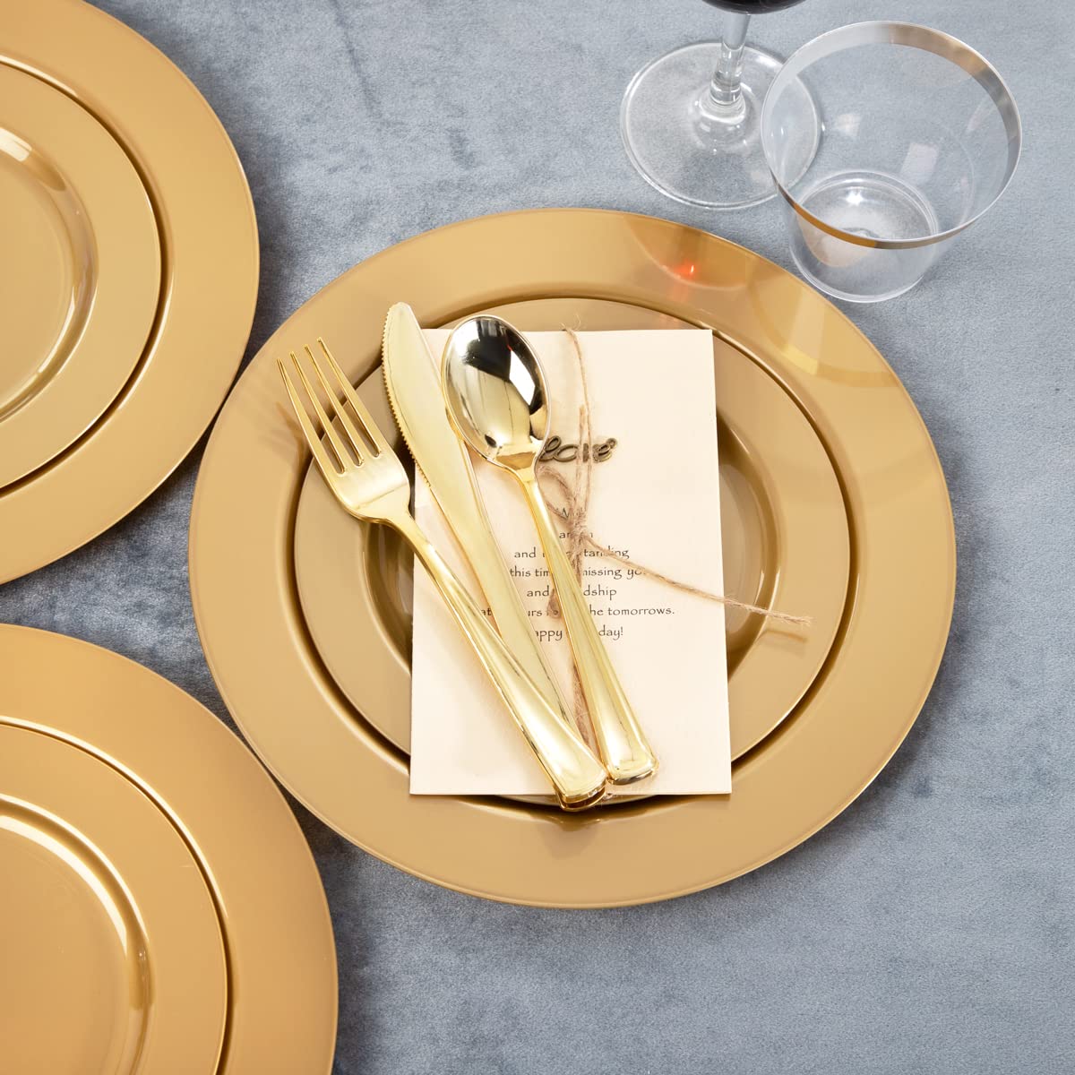 DaYammi 210Pcs White Gold Plastic Plates for Party,Gold Disposable Dinnerware Set Includes 60 gold Floral Plates,30 Plastic Silverware,30 Per Rolled Napkins,30 Cups for Mother's Day Party Wedding