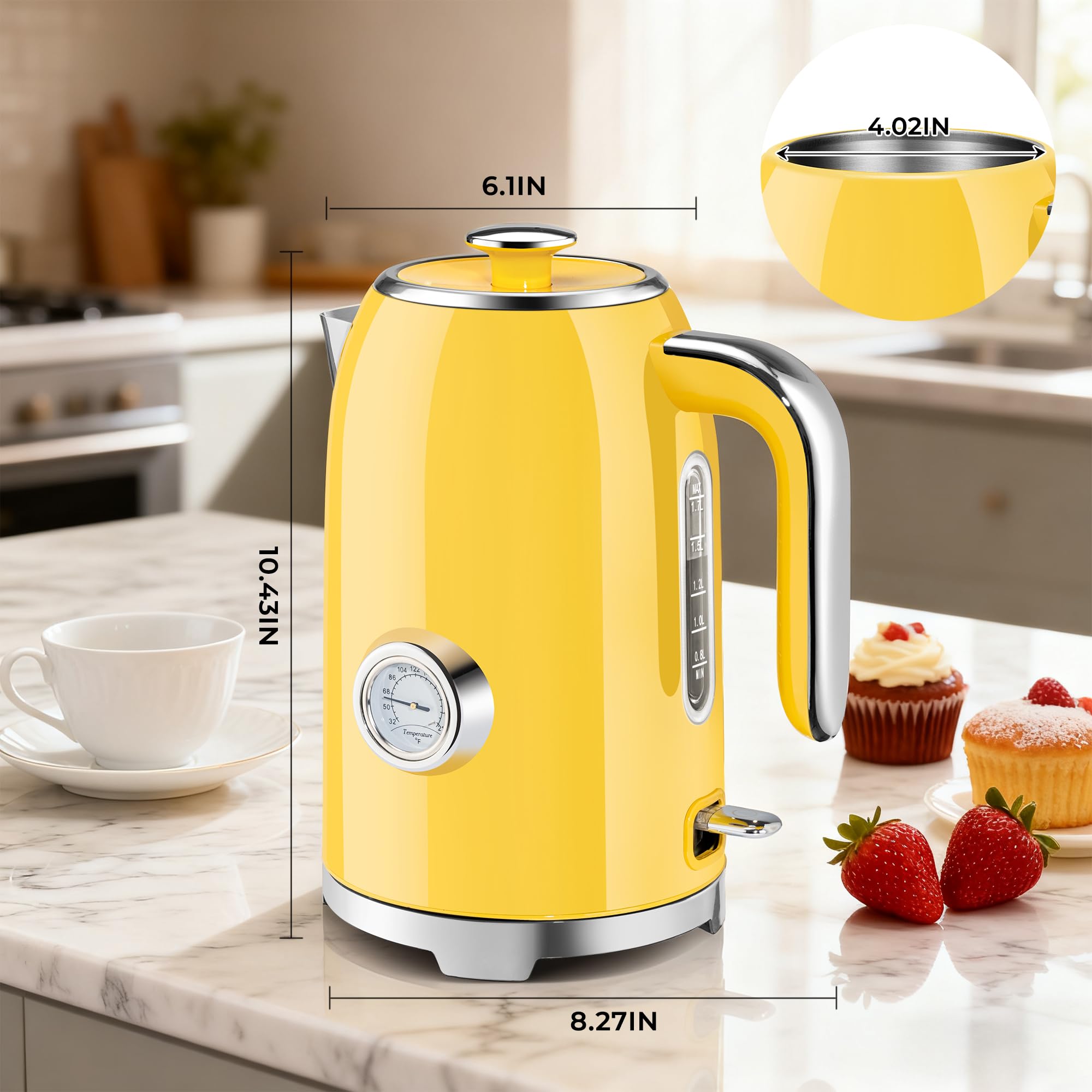 SUSTEAS Electric Kettle - 57oz Hot Tea Water Boiler with Thermometer, 1500W Fast Heating Stainless Steel Pot, Cordless LED Indicator, Auto Shut-Off & Boil Dry Protection, Retro Green