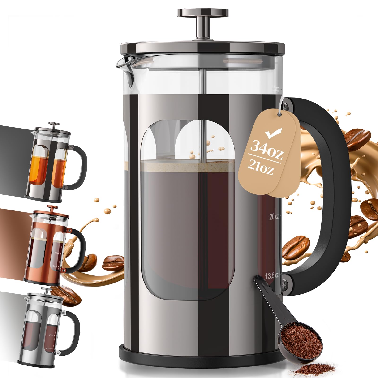 Veken French Press Coffee Maker 21oz 0.6 L, Single Serve Small Pot, Heat Resistant Thickened Borosilicate Glass, Stainless Steel Brewer, Cold Brew Cafetera Teapot for Kitchen Travel Camping, Copper