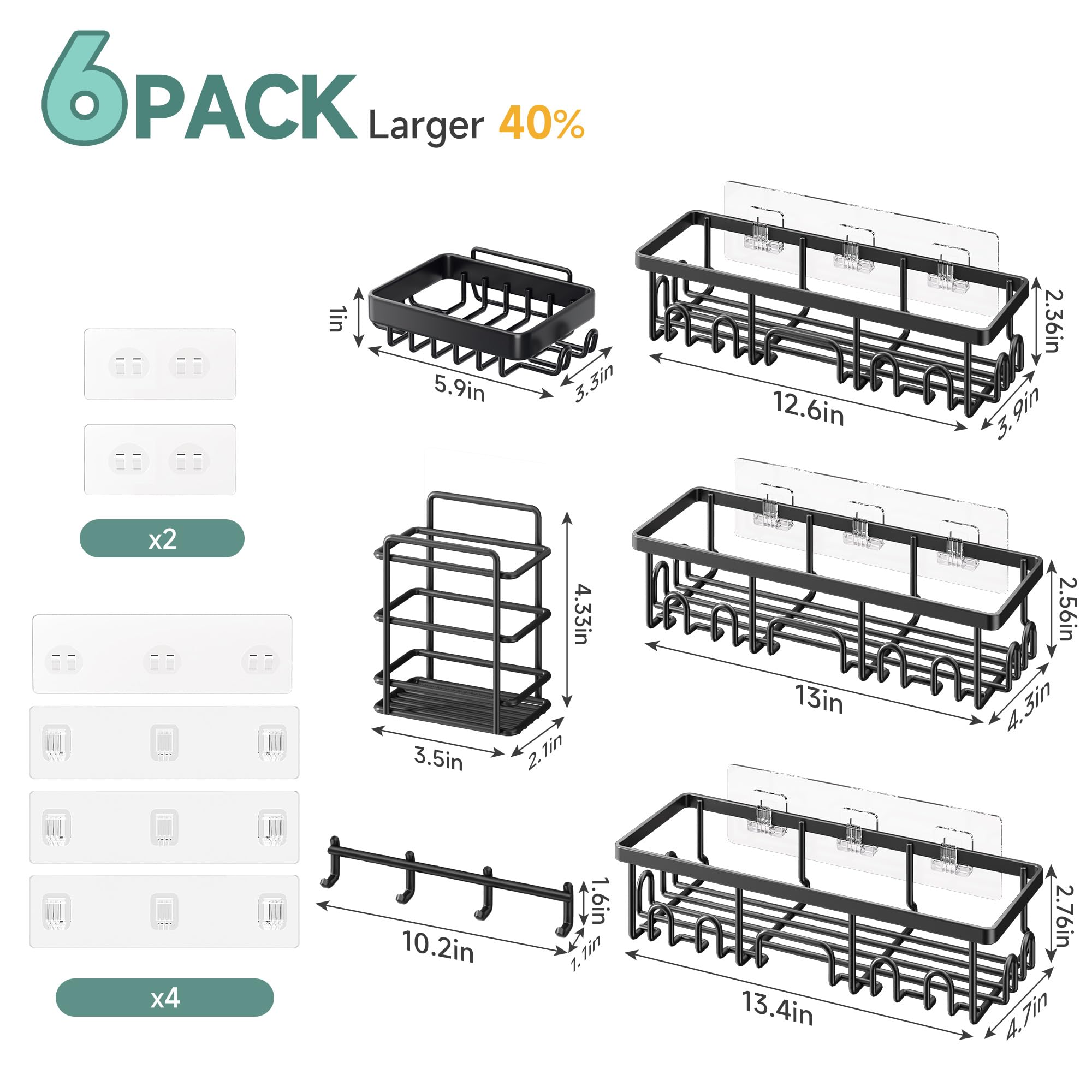 Veken Shower Caddy 6-Pack, Advanced Rustproof Design, No Drilling Adhesive Shelves, Rack with Soap Holder, Large Capacity Bathroom Organizers and Storage, Wall-Mounted Kitchen & Home Decor