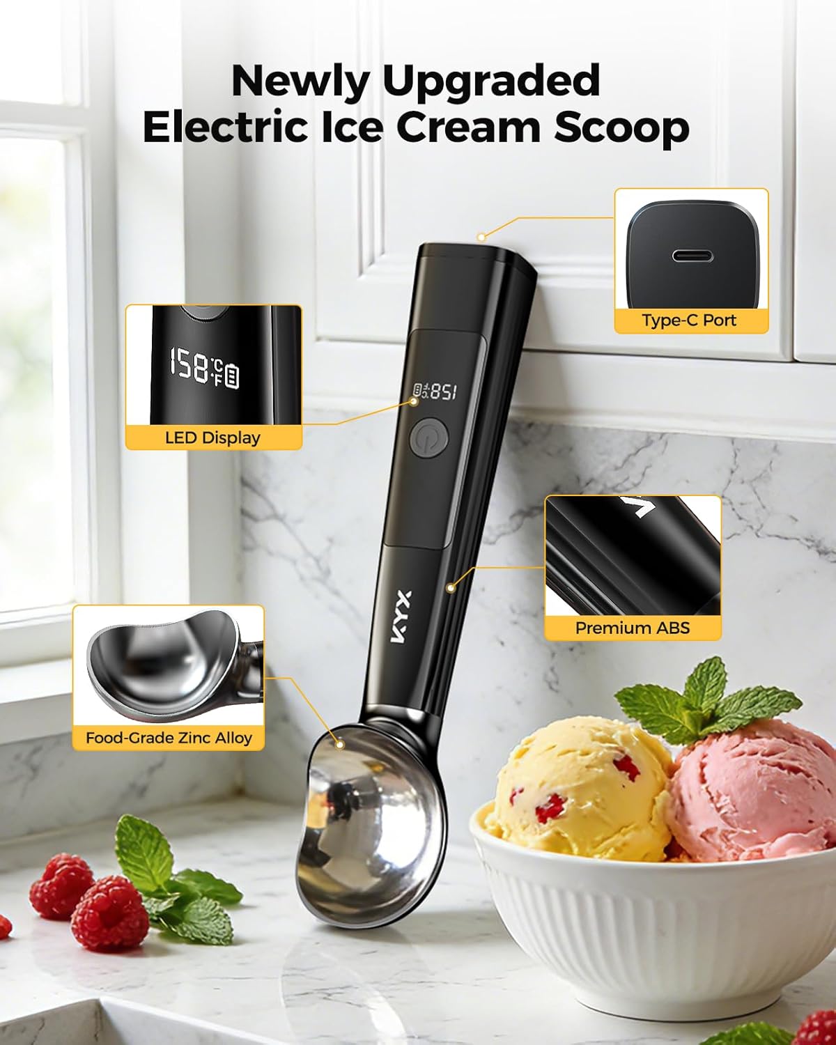 KYX Heated Ice Cream Scoop, Electric Ice Cream Scoop with 3 Temperature Settings, 3200mAh Battery, ON/OFF and LED Display, Ideal for Scooping Hard Ice Cream, Gelato & Frozen Desserts