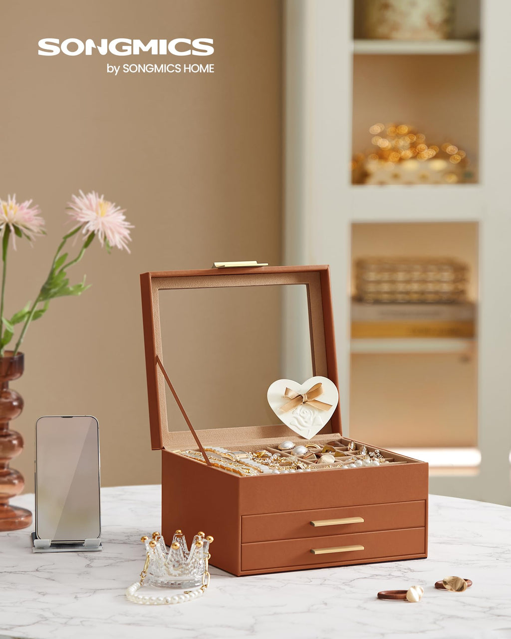 SONGMICS GISELLA Collection - Jewelry Box Organizer, 3-Layer Jewelry Storage with 2 Drawers, Shiny Metal Hardware, Glass Lid, Modern, 8 x 9.1 x 5.3 Inches, Cloud White and Gold Color UJBC239WT