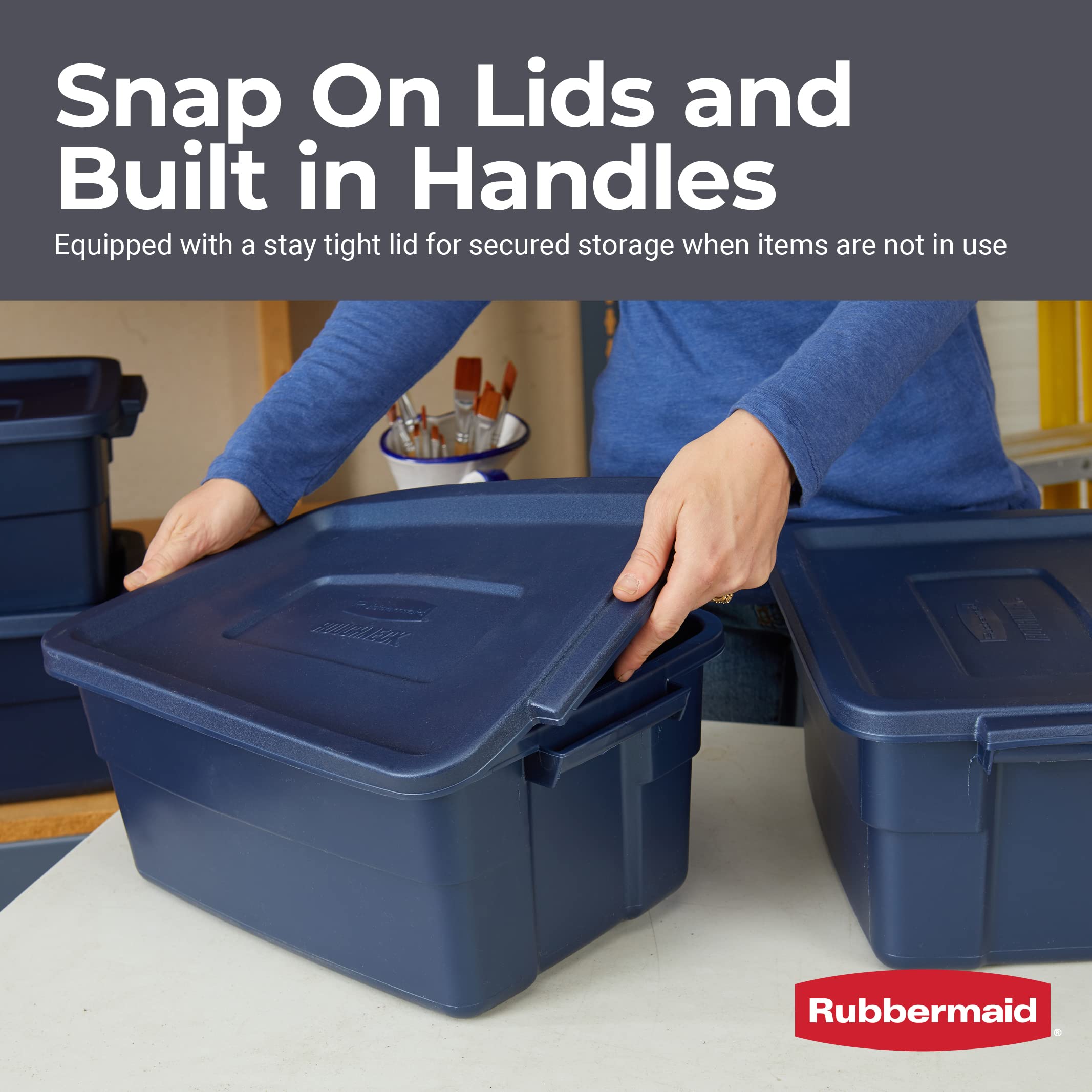 Rubbermaid Roughneck Tote 14 Gal, 6 Pack, Made in USA, Dark Indigo Metallic, Rugged Plastic Stackable Storage Bins with Lids and Handles