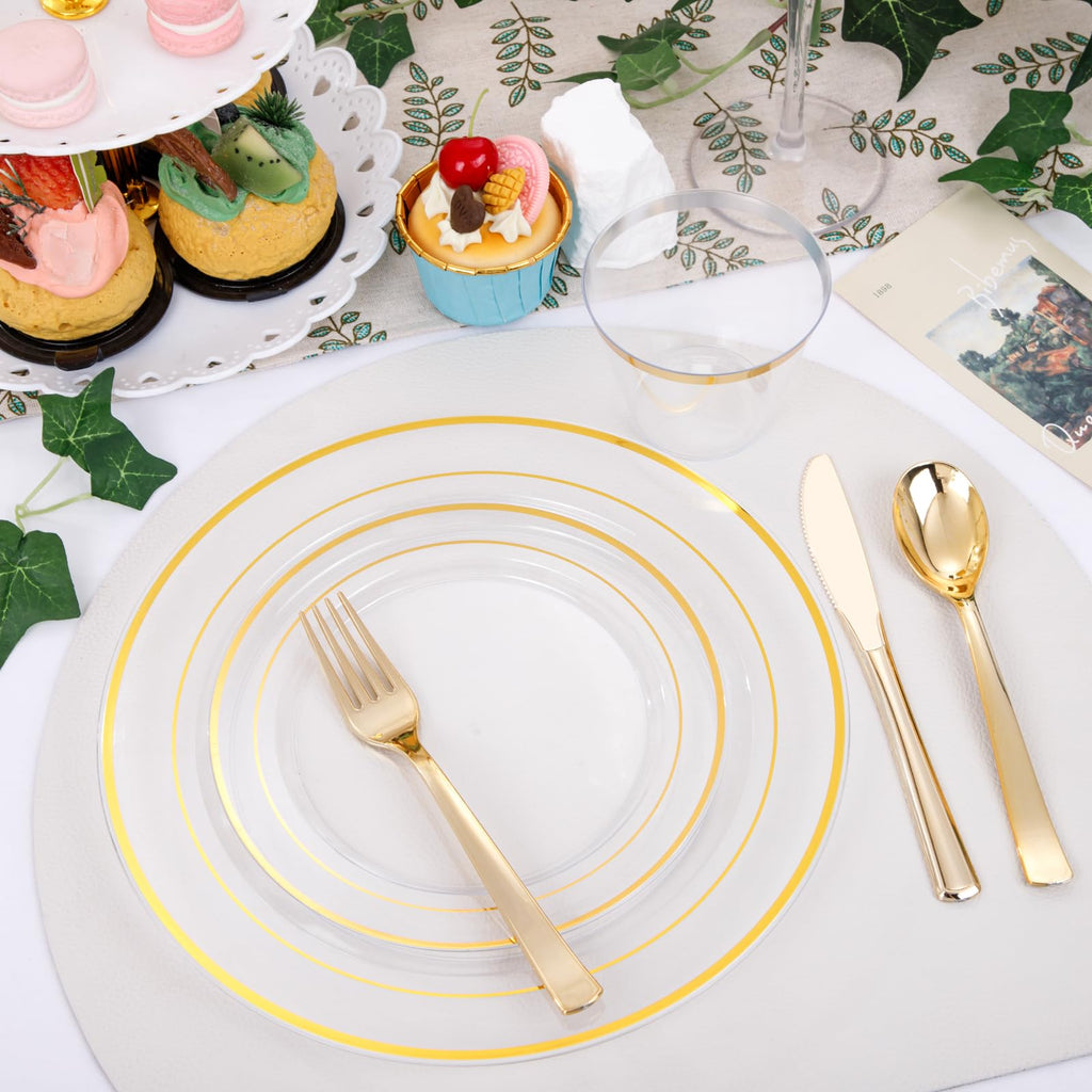DaYammi 350PCS Gold Plastic Dinnerware Set for 50 Guests, Fancy Disposable Plates for Party, Include: 50 Dinner Plates, 50 Dessert Plates, 50 Pre Rolled Napkins with Gold Silverware, 50 Cups