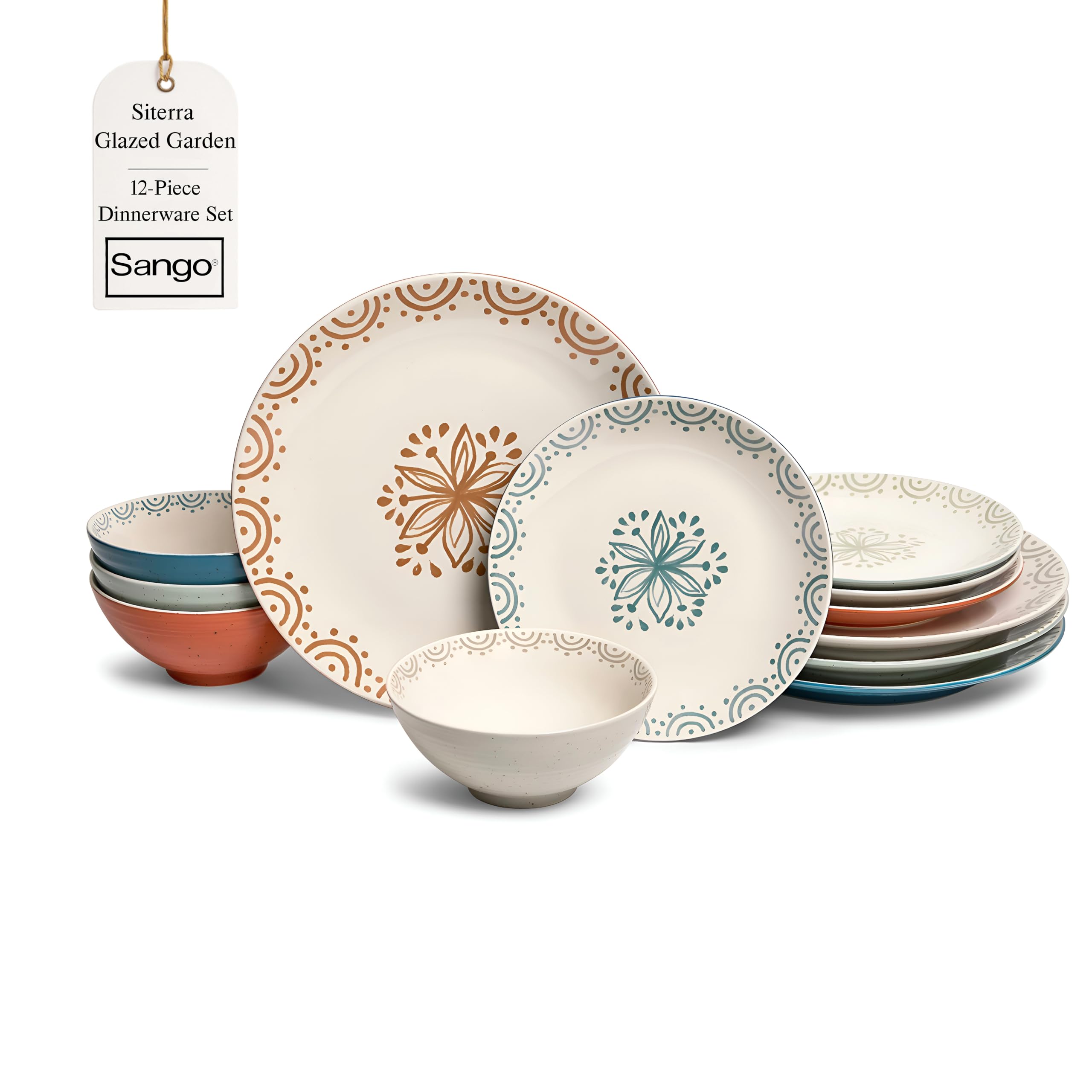 Sango Siterra Painter's Palette 16-Piece Stoneware Dinnerware Set - Service for 4, Ceramic Plates and Bowls Sets, Chip Resistant, Rustic Dishware, Microwave & Dishwasher Safe Kitchen Dishes