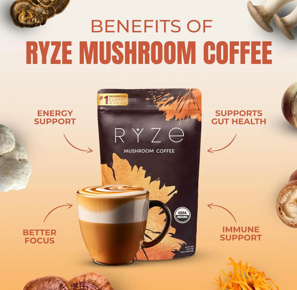 RYZE SUPERFOODS Day + Night Bundle with Mushroom Coffee and RYZE Hot Cocoa, USDA Organic Mushroom Coffee with 6 Adaptogenic Mushrooms & MCT Oil, Hot Cocoa Keto Sleep Aid with Melatonin, 30+20 s