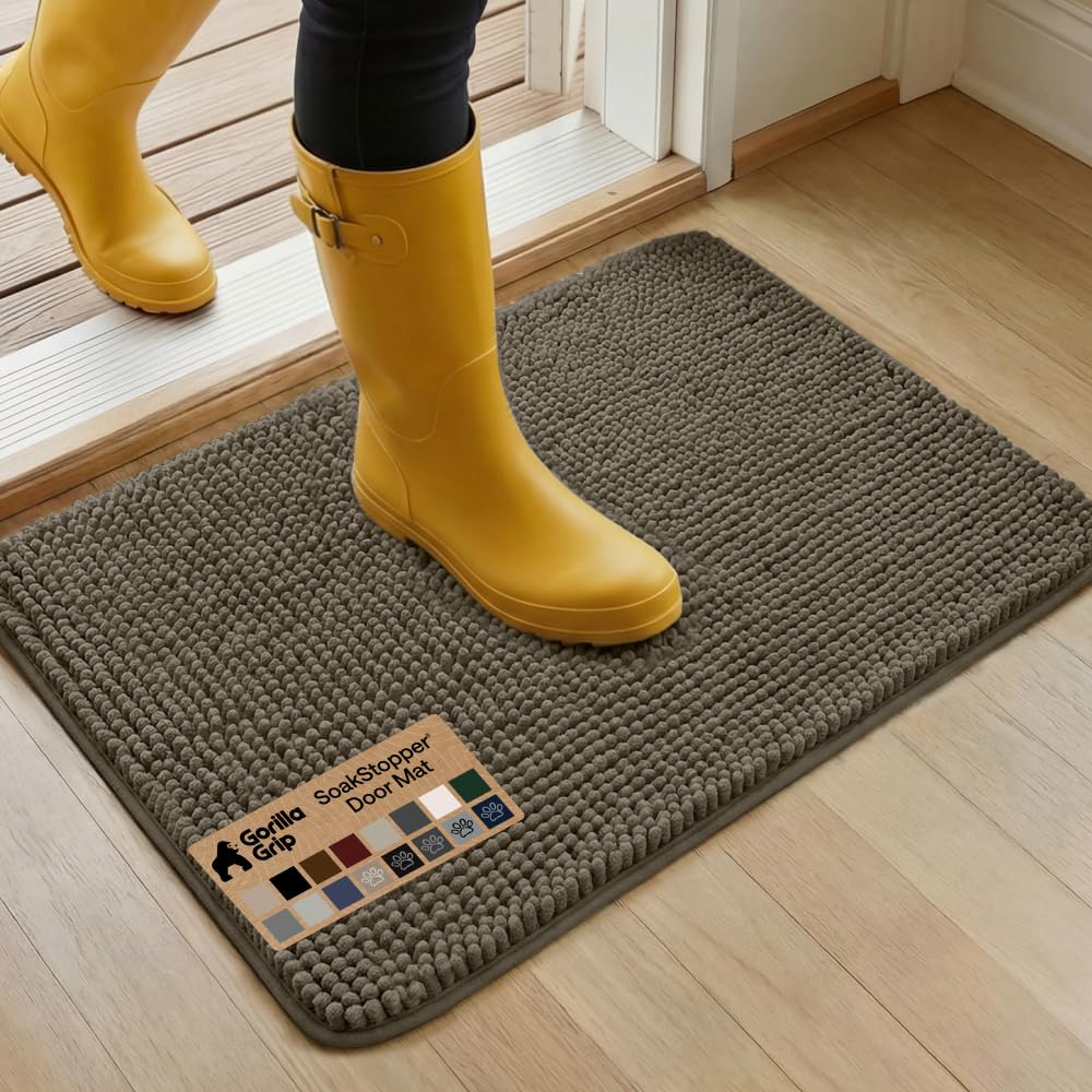 GORILLA GRIP SoakSTOPPER Dog Door Mat, Machine Washable Rug Absorbent Doormat Captures Moisture Mud Dirt, Quick Dry Soft Chenille Entryway Rugs Indoor Entrance Mats for Dog Paws, 24x17 Grey
